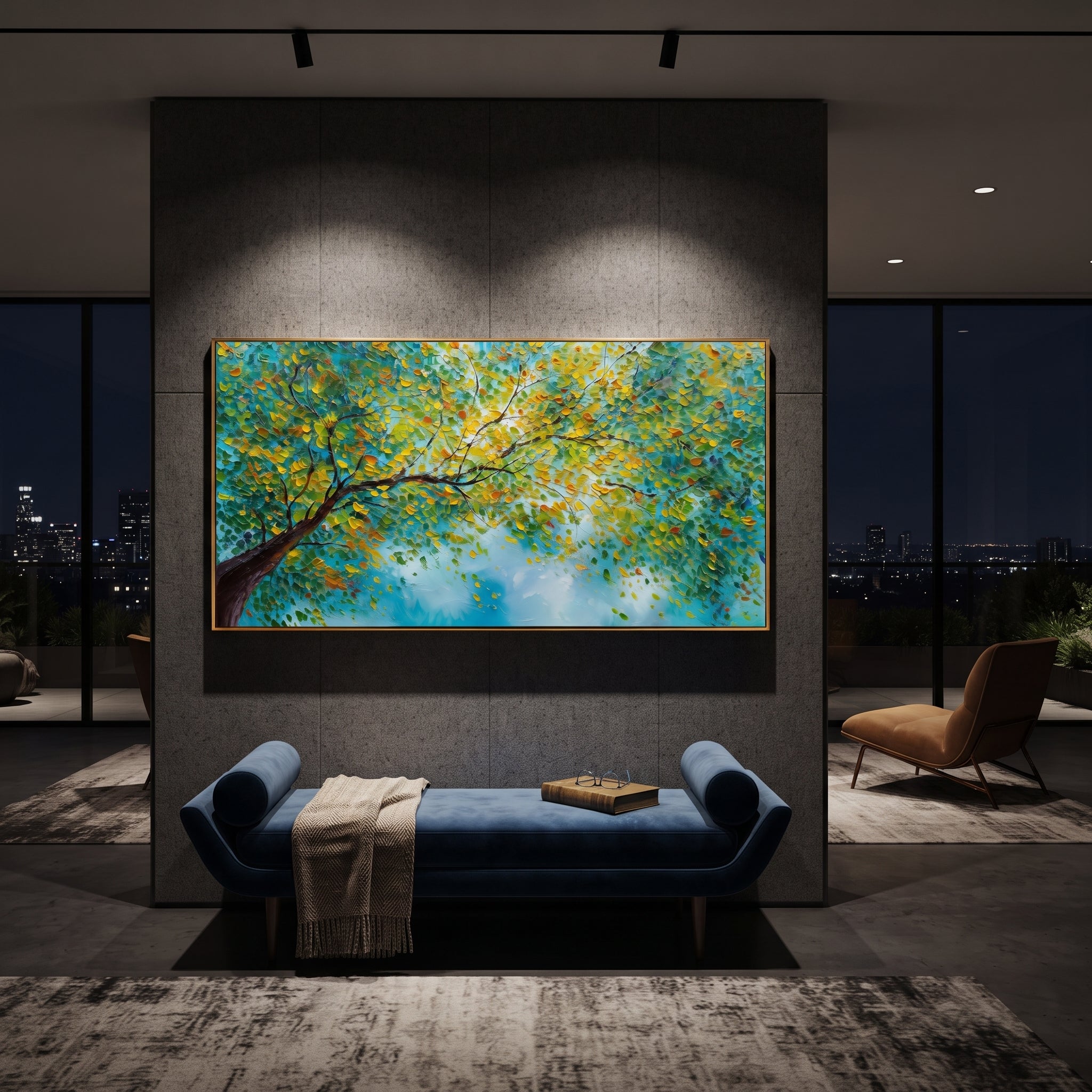 "Teal Gold Branch Painting" focuses on atmosphere, surface movement, and sculptural heavy impasto craftsmanship rather than a fixed literal storyline. The composition uses this hand-painted panoramic canvas presents a dramatic teal-blue background with dark branching stems, golden leaves, and smooth raised botanical forms across the panoramic canvas, with visible raised palette-knife paint and handmade surface depth as the visual anchor, while layered palette-knife paint, raised plaster-like