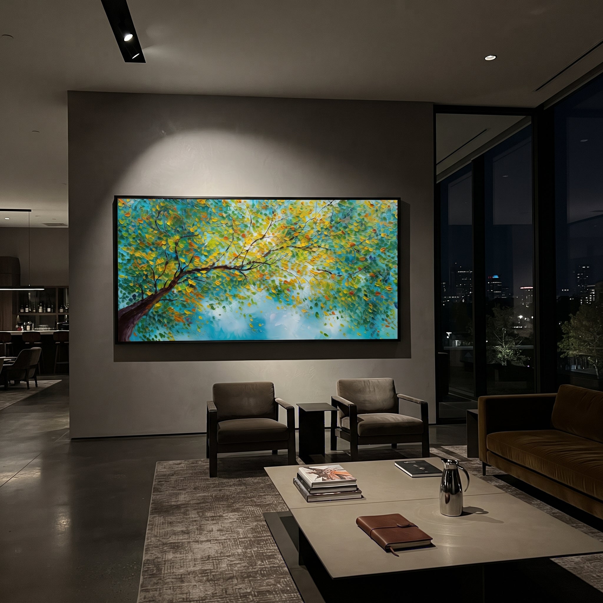 "Teal Gold Branch Painting" focuses on atmosphere, surface movement, and sculptural heavy impasto craftsmanship rather than a fixed literal storyline. The composition uses this hand-painted panoramic canvas presents a dramatic teal-blue background with dark branching stems, golden leaves, and smooth raised botanical forms across the panoramic canvas, with visible raised palette-knife paint and handmade surface depth as the visual anchor, while layered palette-knife paint, raised plaster-like