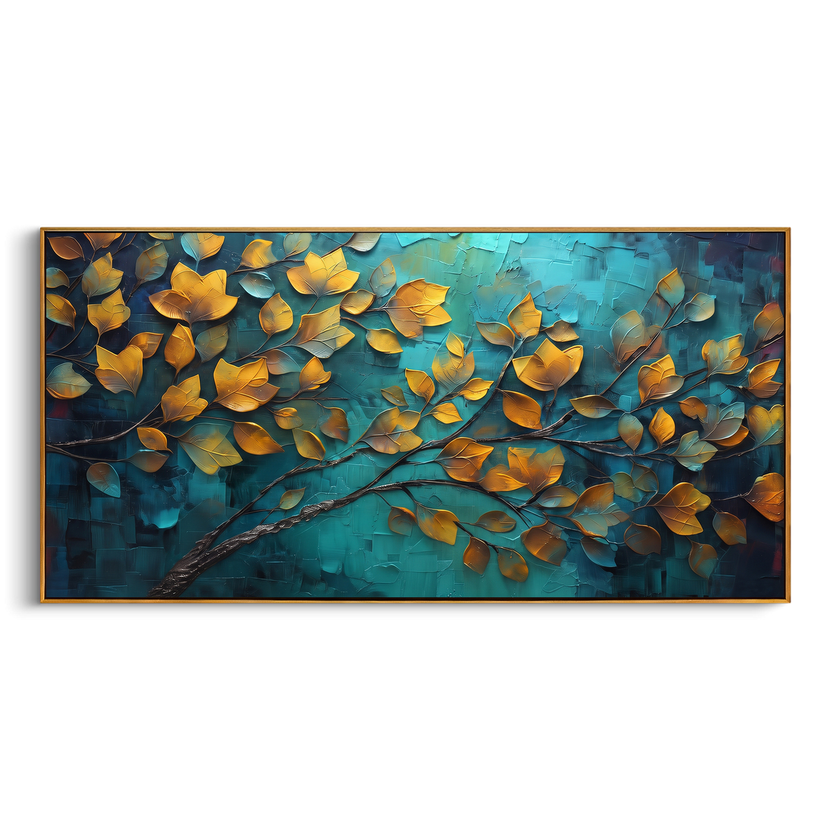 "Sky Blue Forest Canopy Painting" focuses on atmosphere, surface movement, and sculptural heavy impasto craftsmanship rather than a fixed literal storyline. The composition uses this hand-painted panoramic canvas presents a bright upward-looking forest canopy with blue sky, green and yellow leaves, orange accents, and dark curving branches, with visible raised palette-knife paint and handmade surface depth as the visual anchor, while layered palette-knife paint, raised plaster-like texture, and