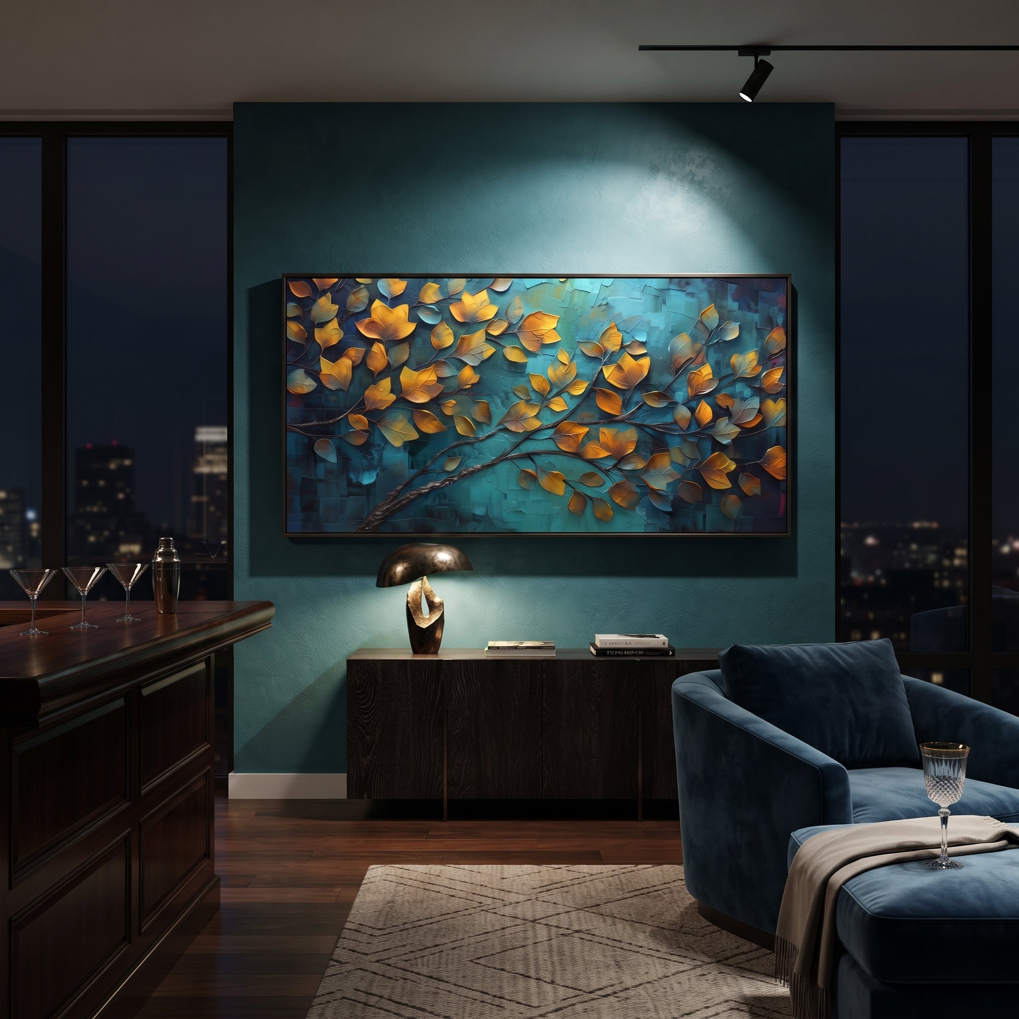 "Sky Blue Forest Canopy Painting" focuses on atmosphere, surface movement, and sculptural heavy impasto craftsmanship rather than a fixed literal storyline. The composition uses this hand-painted panoramic canvas presents a bright upward-looking forest canopy with blue sky, green and yellow leaves, orange accents, and dark curving branches, with visible raised palette-knife paint and handmade surface depth as the visual anchor, while layered palette-knife paint, raised plaster-like texture, and
