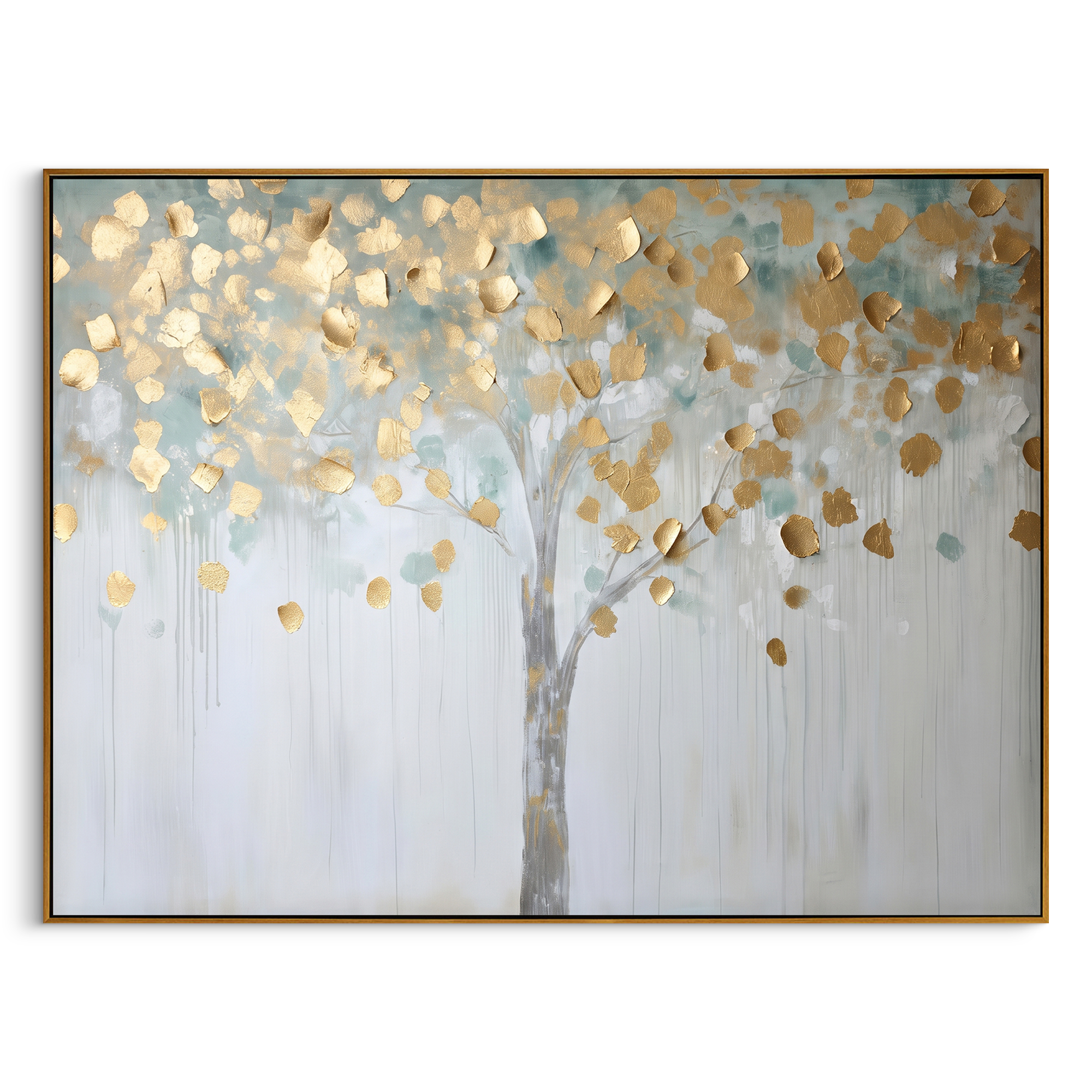 "Pale Gold Leaf Tree Painting" focuses on atmosphere, surface movement, and sculptural heavy impasto craftsmanship rather than a fixed literal storyline. The composition uses this hand-painted horizontal canvas presents a light horizontal tree scene with a soft grey trunk, scattered metallic golden leaves, pale blue-green shadows, and white dripping texture, with visible raised palette-knife paint and handmade surface depth as the visual anchor, while layered palette-knife paint, raised