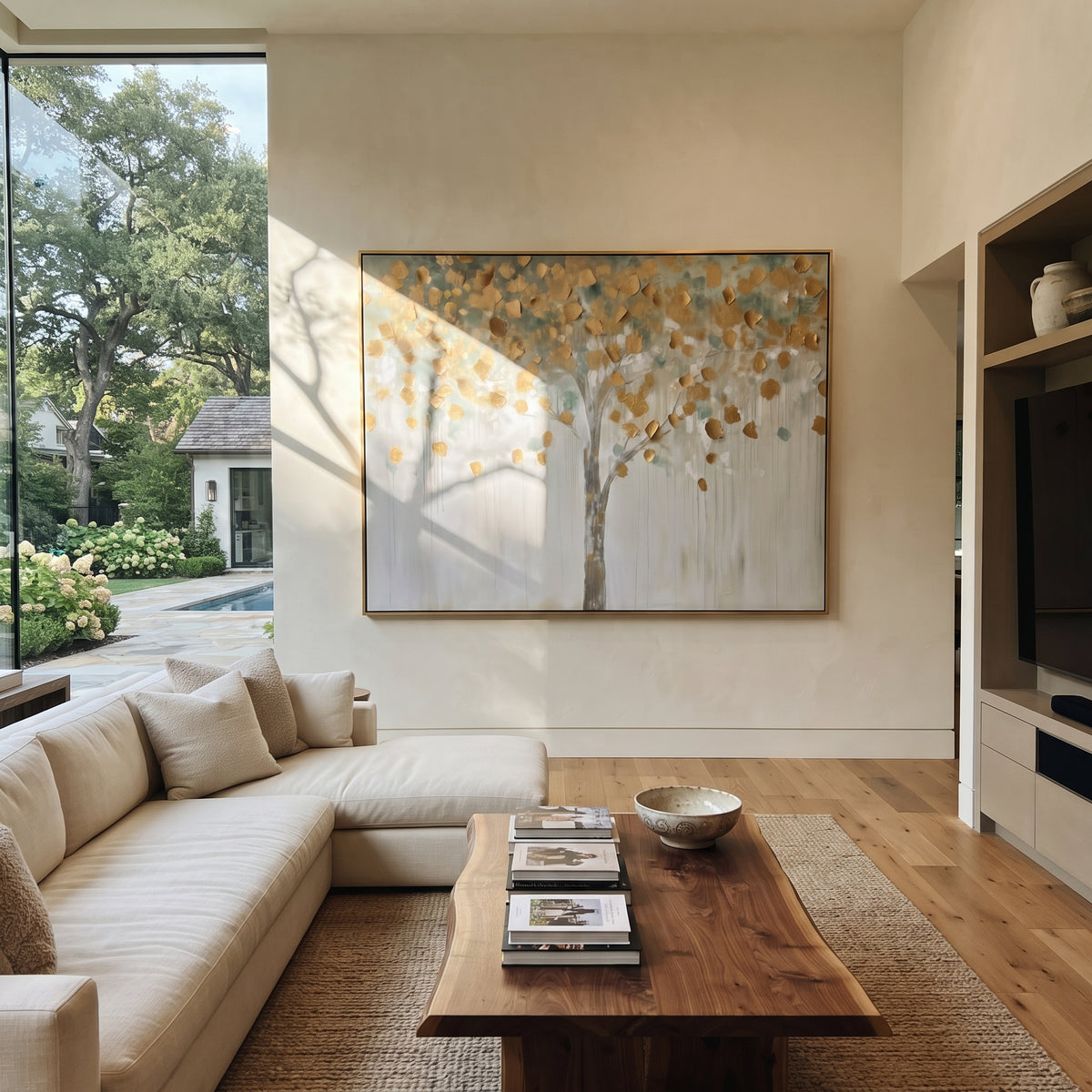 "Pale Gold Leaf Tree Painting" focuses on atmosphere, surface movement, and sculptural heavy impasto craftsmanship rather than a fixed literal storyline. The composition uses this hand-painted horizontal canvas presents a light horizontal tree scene with a soft grey trunk, scattered metallic golden leaves, pale blue-green shadows, and white dripping texture, with visible raised palette-knife paint and handmade surface depth as the visual anchor, while layered palette-knife paint, raised