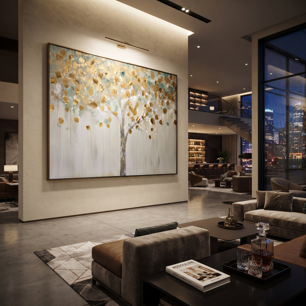 "Pale Gold Leaf Tree Painting" focuses on atmosphere, surface movement, and sculptural heavy impasto craftsmanship rather than a fixed literal storyline. The composition uses this hand-painted horizontal canvas presents a light horizontal tree scene with a soft grey trunk, scattered metallic golden leaves, pale blue-green shadows, and white dripping texture, with visible raised palette-knife paint and handmade surface depth as the visual anchor, while layered palette-knife paint, raised