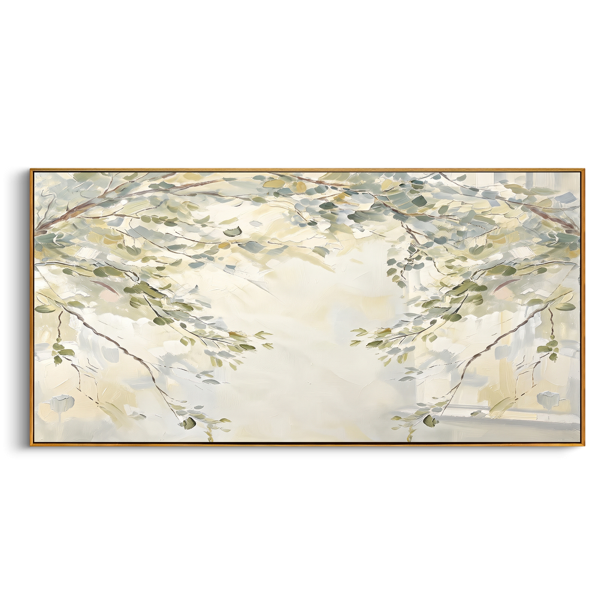"Soft Branch Leaves Painting" focuses on atmosphere, surface movement, and sculptural heavy impasto craftsmanship rather than a fixed literal storyline. The composition uses this hand-painted panoramic canvas presents pale beige and grey-green branch leaves crossing a light neutral background, with visible raised palette-knife texture and handmade surface depth as the visual anchor, while layered palette-knife paint, raised plaster-like texture, and softened brush movement create tactile depth