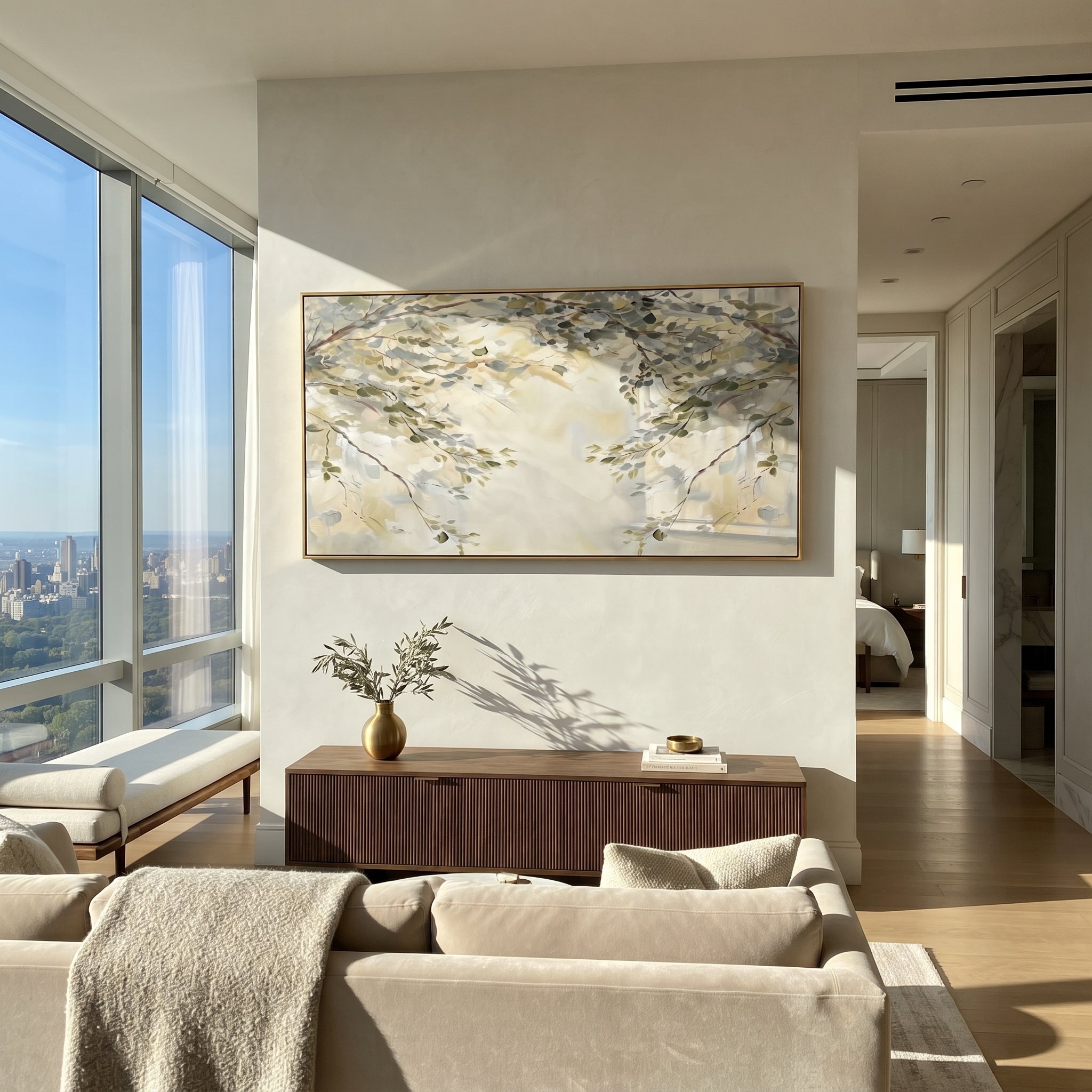"Soft Branch Leaves Painting" focuses on atmosphere, surface movement, and sculptural heavy impasto craftsmanship rather than a fixed literal storyline. The composition uses this hand-painted panoramic canvas presents pale beige and grey-green branch leaves crossing a light neutral background, with visible raised palette-knife texture and handmade surface depth as the visual anchor, while layered palette-knife paint, raised plaster-like texture, and softened brush movement create tactile depth