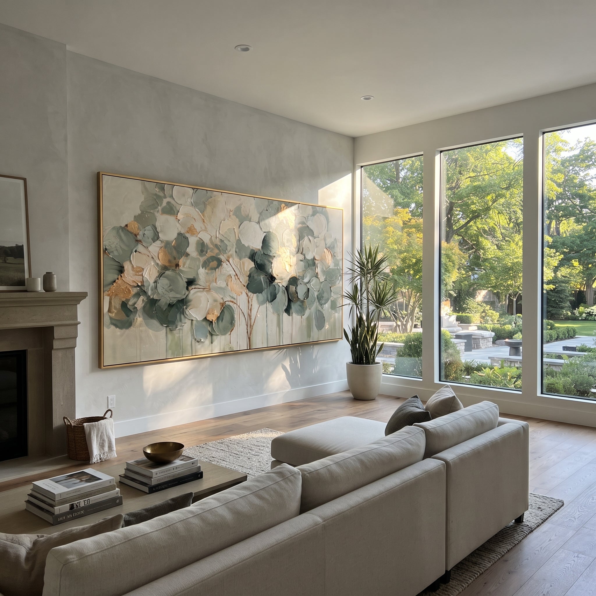"Sage Green Round Leaf Painting" focuses on atmosphere, surface movement, and sculptural heavy impasto craftsmanship rather than a fixed literal storyline. The composition uses this hand-painted panoramic canvas presents a horizontal round-leaf branch cluster in sage green, cream, dark green, and soft gold over a neutral ground, with visible raised palette-knife texture and handmade surface depth as the visual anchor, while layered palette-knife paint, raised plaster-like texture, and softened