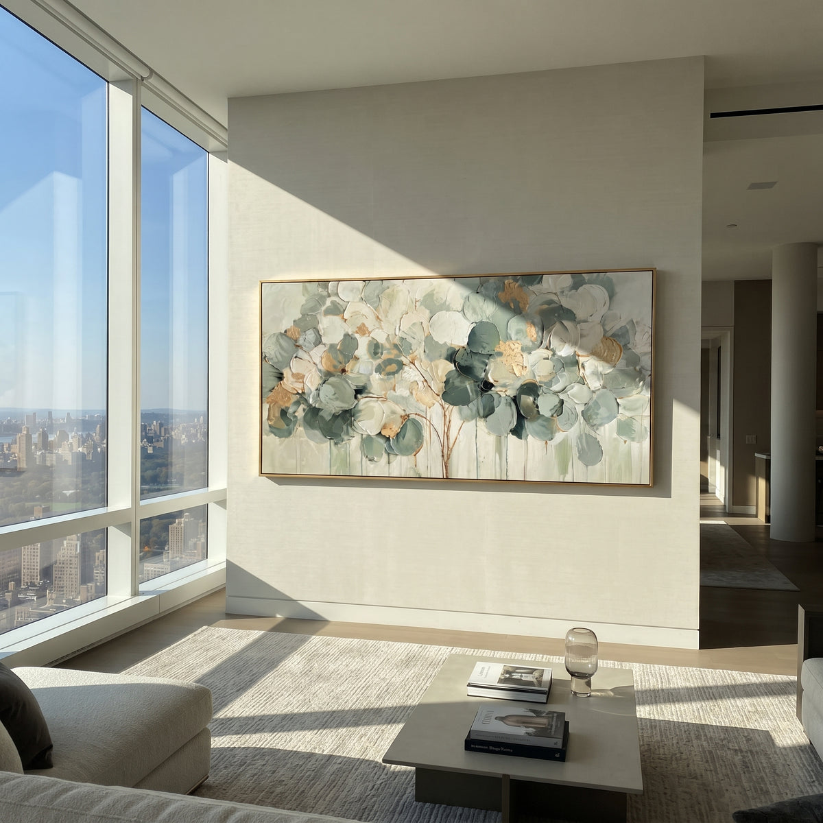 "Sage Green Round Leaf Painting" focuses on atmosphere, surface movement, and sculptural heavy impasto craftsmanship rather than a fixed literal storyline. The composition uses this hand-painted panoramic canvas presents a horizontal round-leaf branch cluster in sage green, cream, dark green, and soft gold over a neutral ground, with visible raised palette-knife texture and handmade surface depth as the visual anchor, while layered palette-knife paint, raised plaster-like texture, and softened