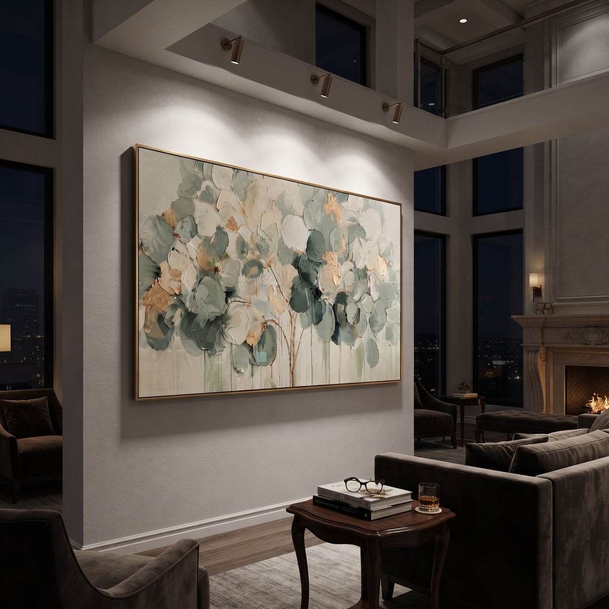 "Sage Green Round Leaf Painting" focuses on atmosphere, surface movement, and sculptural heavy impasto craftsmanship rather than a fixed literal storyline. The composition uses this hand-painted panoramic canvas presents a horizontal round-leaf branch cluster in sage green, cream, dark green, and soft gold over a neutral ground, with visible raised palette-knife texture and handmade surface depth as the visual anchor, while layered palette-knife paint, raised plaster-like texture, and softened