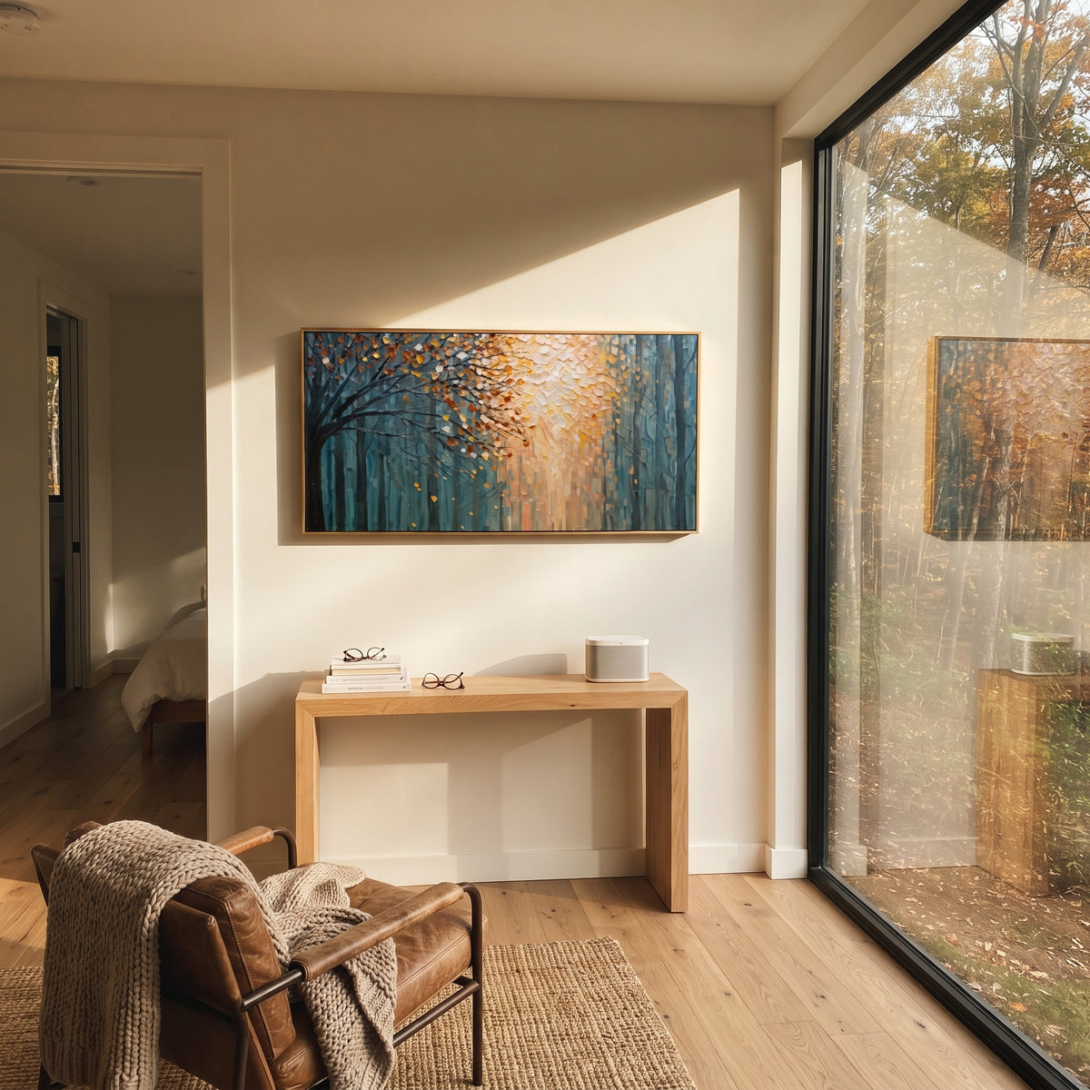 "Autumn Light Forest Painting" focuses on atmosphere, surface movement, and sculptural heavy impasto craftsmanship rather than a fixed literal storyline. The composition uses this hand-painted panoramic canvas presents a deep blue forest opening into warm orange and golden autumn light, with a dark foreground tree and visible raised palette-knife texture as the visual anchor, while layered palette-knife paint, raised plaster-like texture, and softened brush movement create tactile depth across