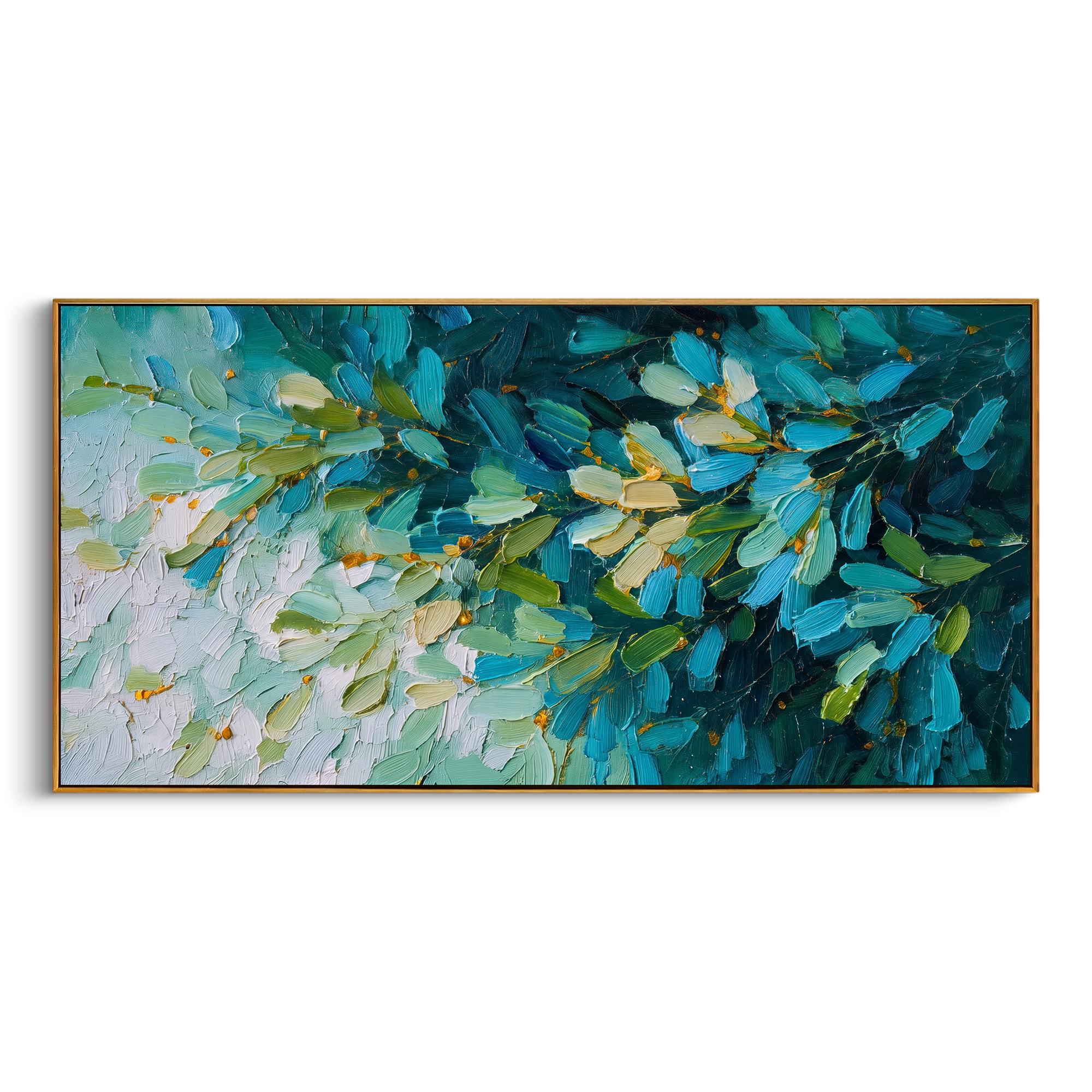 "Teal Green Leaf Branch Painting" focuses on atmosphere, surface movement, and sculptural heavy impasto craftsmanship rather than a fixed literal storyline. The composition uses this hand-painted panoramic canvas presents a close view of leafy branches in deep teal blue, green, cream white, and small golden accents, with visible raised palette-knife texture as the visual anchor, while layered palette-knife paint, raised plaster-like texture, and softened brush movement create tactile depth