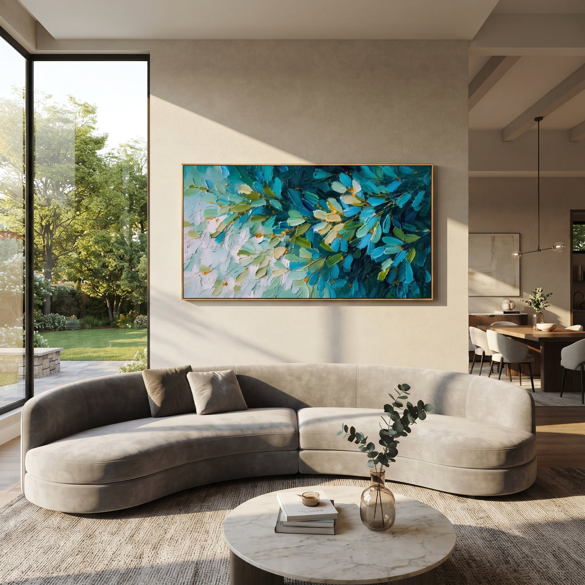 "Teal Green Leaf Branch Painting" focuses on atmosphere, surface movement, and sculptural heavy impasto craftsmanship rather than a fixed literal storyline. The composition uses this hand-painted panoramic canvas presents a close view of leafy branches in deep teal blue, green, cream white, and small golden accents, with visible raised palette-knife texture as the visual anchor, while layered palette-knife paint, raised plaster-like texture, and softened brush movement create tactile depth