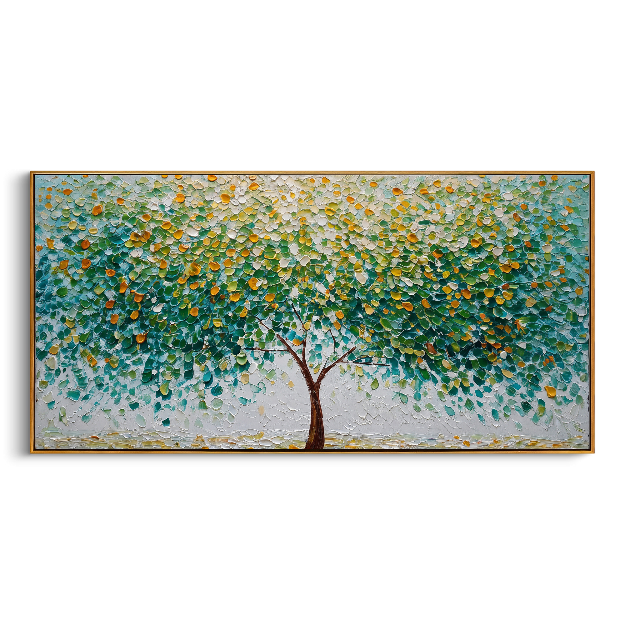 "Green White Blossom Branch Painting" focuses on atmosphere, surface movement, and sculptural heavy impasto craftsmanship rather than a fixed literal storyline. The composition uses this hand-painted panoramic canvas presents white and pale blue blossoms on dark branching lines, set against fresh green and teal foliage with subtle golden highlights and textured paint relief as the visual anchor, while layered palette-knife paint, raised plaster-like texture, and softened brush movement create