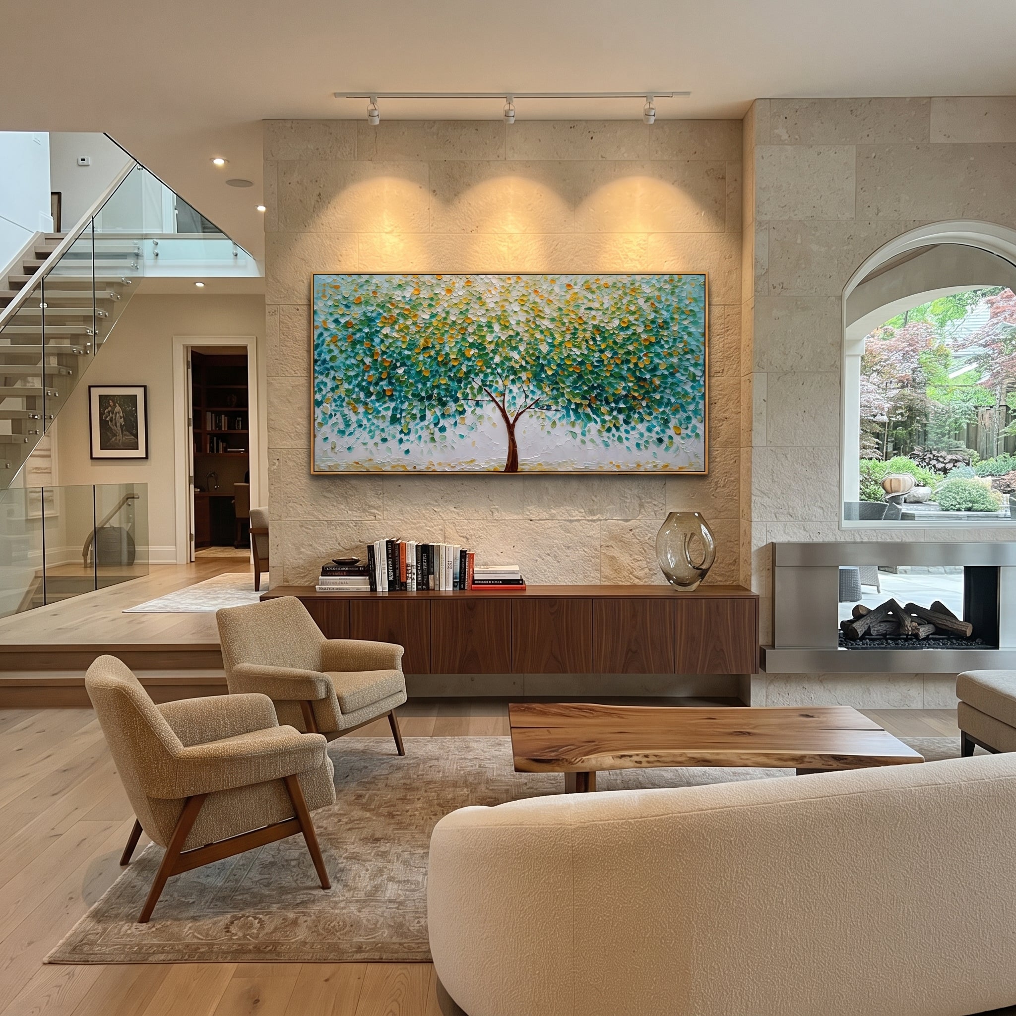 "Green White Blossom Branch Painting" focuses on atmosphere, surface movement, and sculptural heavy impasto craftsmanship rather than a fixed literal storyline. The composition uses this hand-painted panoramic canvas presents white and pale blue blossoms on dark branching lines, set against fresh green and teal foliage with subtle golden highlights and textured paint relief as the visual anchor, while layered palette-knife paint, raised plaster-like texture, and softened brush movement create