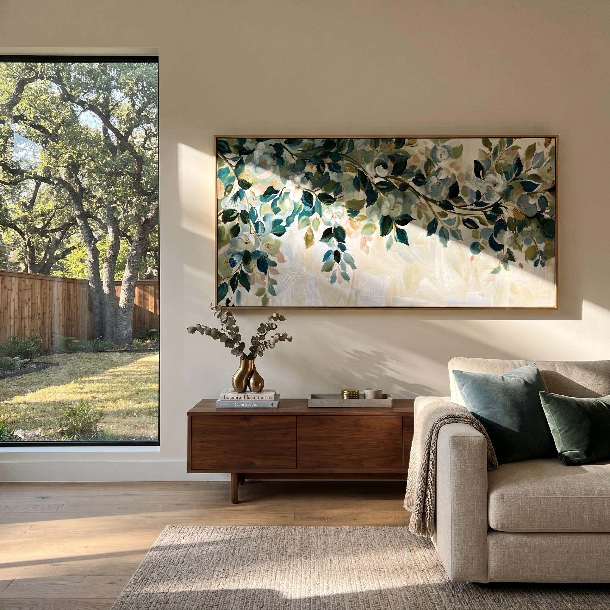 "Colorful Birch Forest Painting" focuses on atmosphere, surface movement, and sculptural heavy impasto craftsmanship rather than a fixed literal storyline. The composition uses this hand-painted panoramic canvas presents a vivid birch forest with black and white trunks, red orange yellow and blue foliage, and a bright path-like center built with textured brushwork as the visual anchor, while layered palette-knife paint, raised plaster-like texture, and softened brush movement create tactile