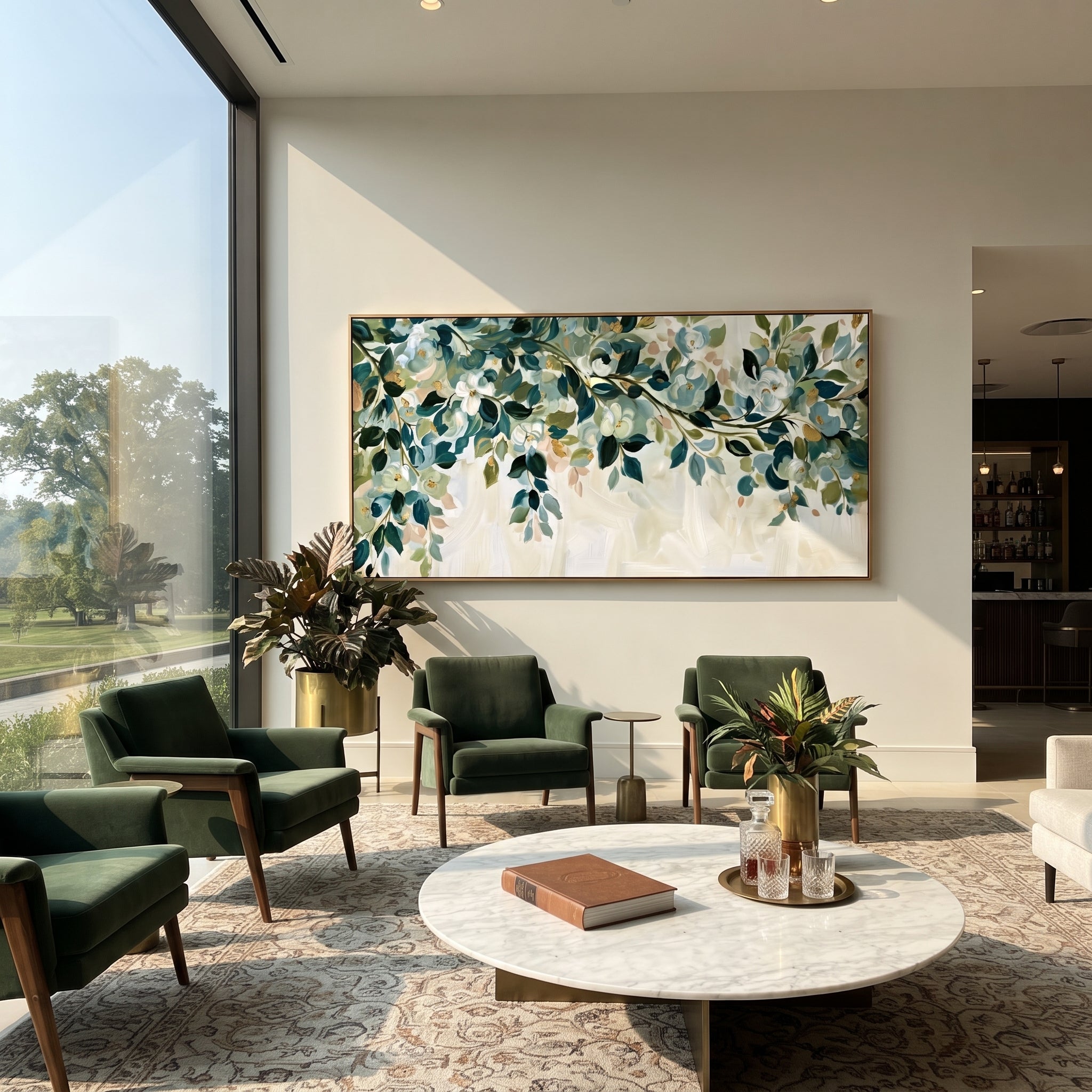 "Colorful Birch Forest Painting" focuses on atmosphere, surface movement, and sculptural heavy impasto craftsmanship rather than a fixed literal storyline. The composition uses this hand-painted panoramic canvas presents a vivid birch forest with black and white trunks, red orange yellow and blue foliage, and a bright path-like center built with textured brushwork as the visual anchor, while layered palette-knife paint, raised plaster-like texture, and softened brush movement create tactile