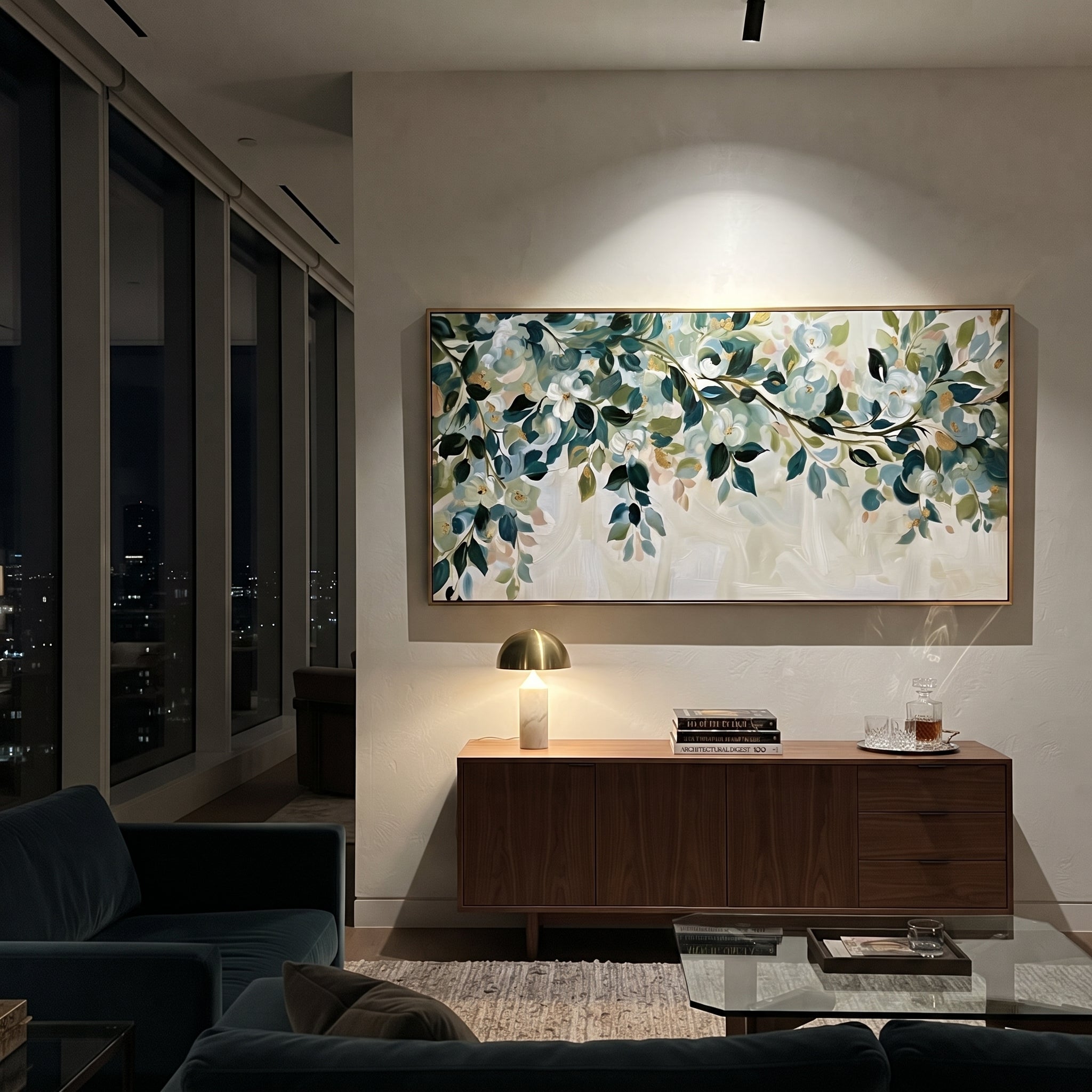 "Colorful Birch Forest Painting" focuses on atmosphere, surface movement, and sculptural heavy impasto craftsmanship rather than a fixed literal storyline. The composition uses this hand-painted panoramic canvas presents a vivid birch forest with black and white trunks, red orange yellow and blue foliage, and a bright path-like center built with textured brushwork as the visual anchor, while layered palette-knife paint, raised plaster-like texture, and softened brush movement create tactile