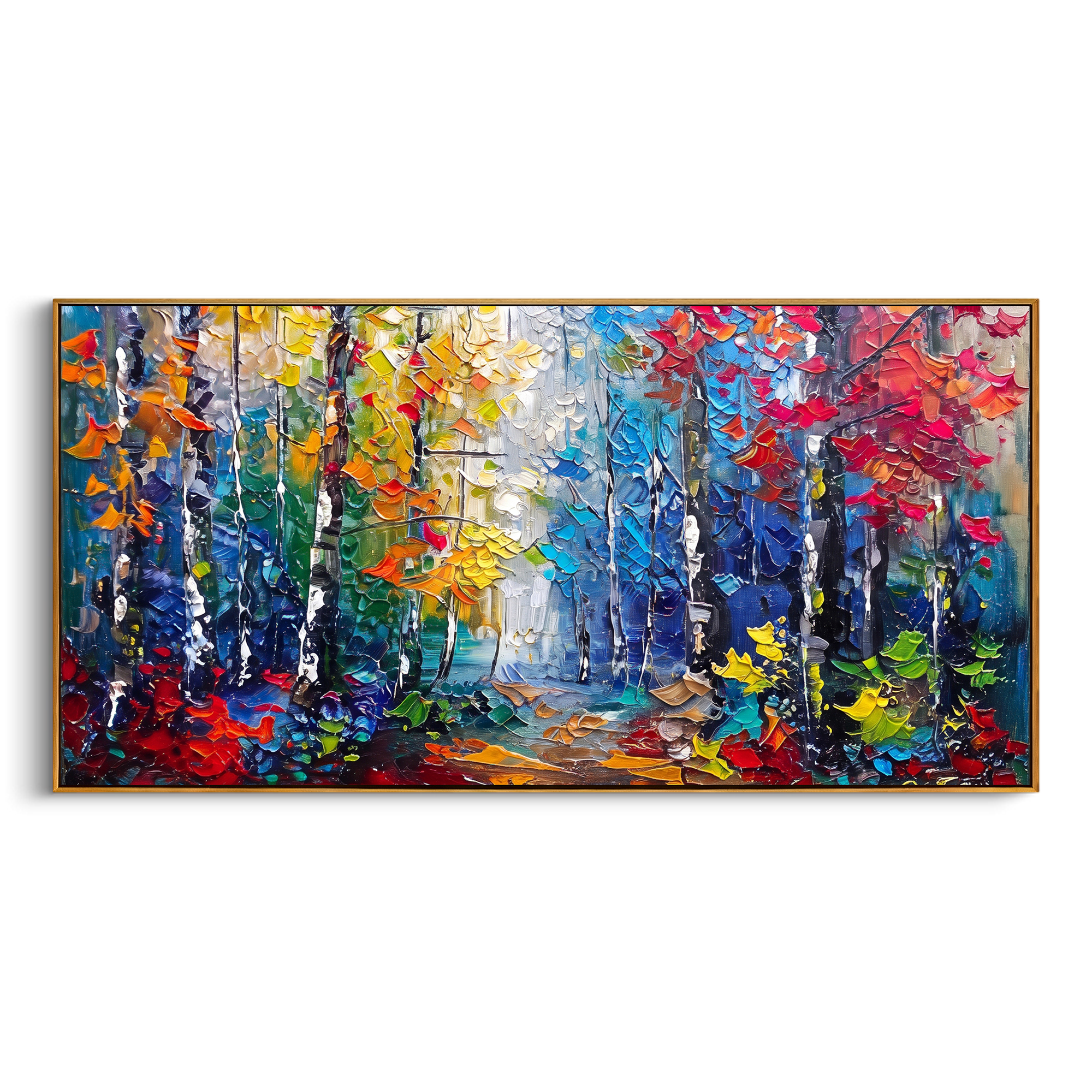 "Gold Turquoise Forest Painting" focuses on atmosphere, surface movement, and sculptural heavy impasto craftsmanship rather than a fixed literal storyline. The composition uses this hand-painted panoramic canvas presents slender forest trunks with golden yellow and turquoise blue foliage over a soft cream background, with visible raised texture across the branches as the visual anchor, while layered palette-knife paint, raised plaster-like texture, and softened brush movement create tactile