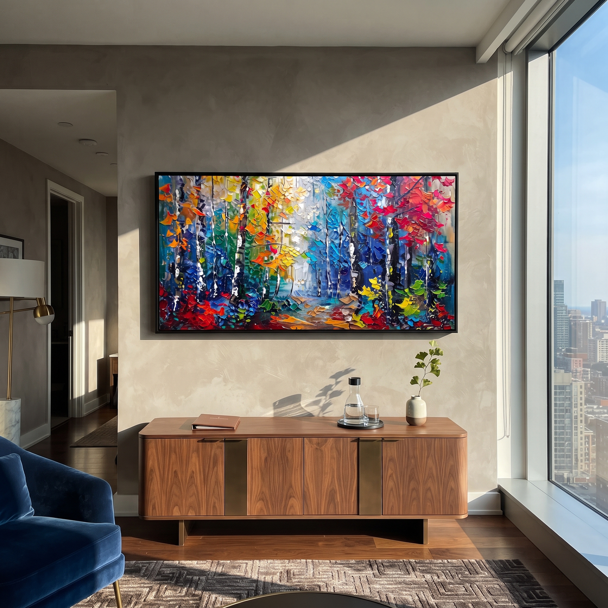 "Gold Turquoise Forest Painting" focuses on atmosphere, surface movement, and sculptural heavy impasto craftsmanship rather than a fixed literal storyline. The composition uses this hand-painted panoramic canvas presents slender forest trunks with golden yellow and turquoise blue foliage over a soft cream background, with visible raised texture across the branches as the visual anchor, while layered palette-knife paint, raised plaster-like texture, and softened brush movement create tactile