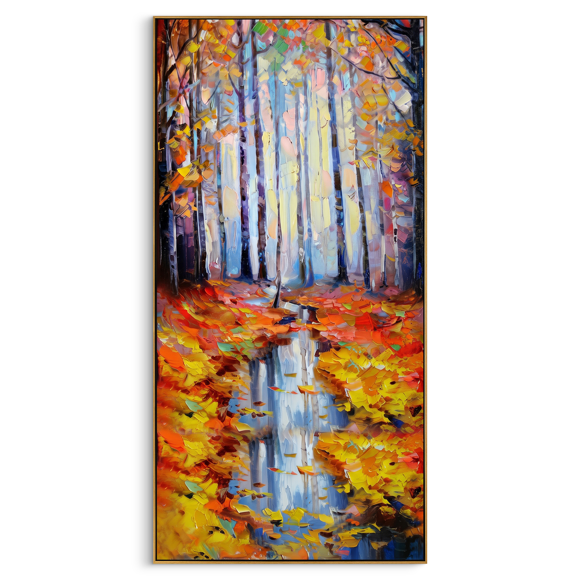 "Autumn Forest Reflection Painting" focuses on atmosphere, surface movement, and sculptural heavy impasto craftsmanship rather than a fixed literal storyline. The composition uses this hand-painted vertical canvas presents pale blue forest trunks above a narrow water reflection, framed by orange and yellow autumn leaves with thick palette-knife texture as the visual anchor, while layered palette-knife paint, raised plaster-like texture, and softened brush movement create tactile depth across the