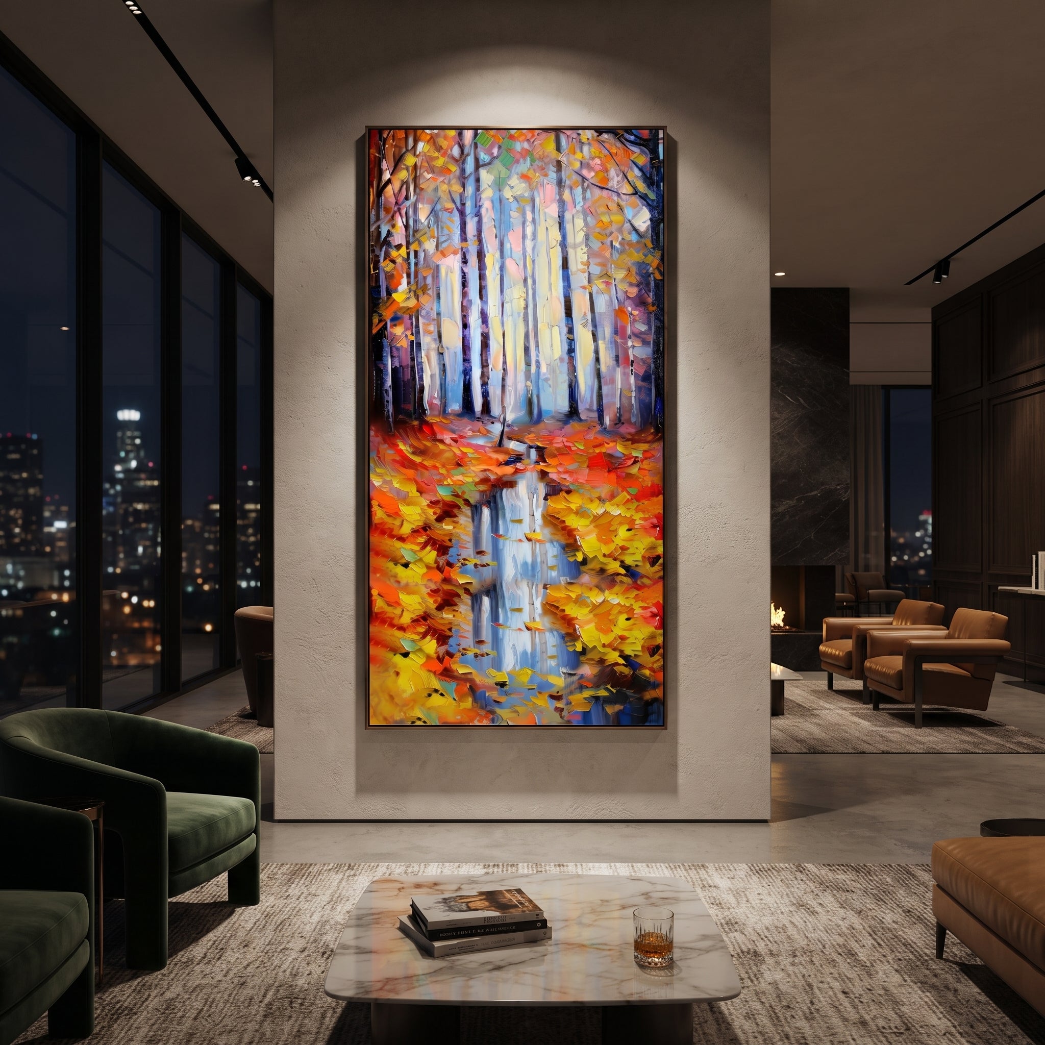 "Autumn Forest Reflection Painting" focuses on atmosphere, surface movement, and sculptural heavy impasto craftsmanship rather than a fixed literal storyline. The composition uses this hand-painted vertical canvas presents pale blue forest trunks above a narrow water reflection, framed by orange and yellow autumn leaves with thick palette-knife texture as the visual anchor, while layered palette-knife paint, raised plaster-like texture, and softened brush movement create tactile depth across the