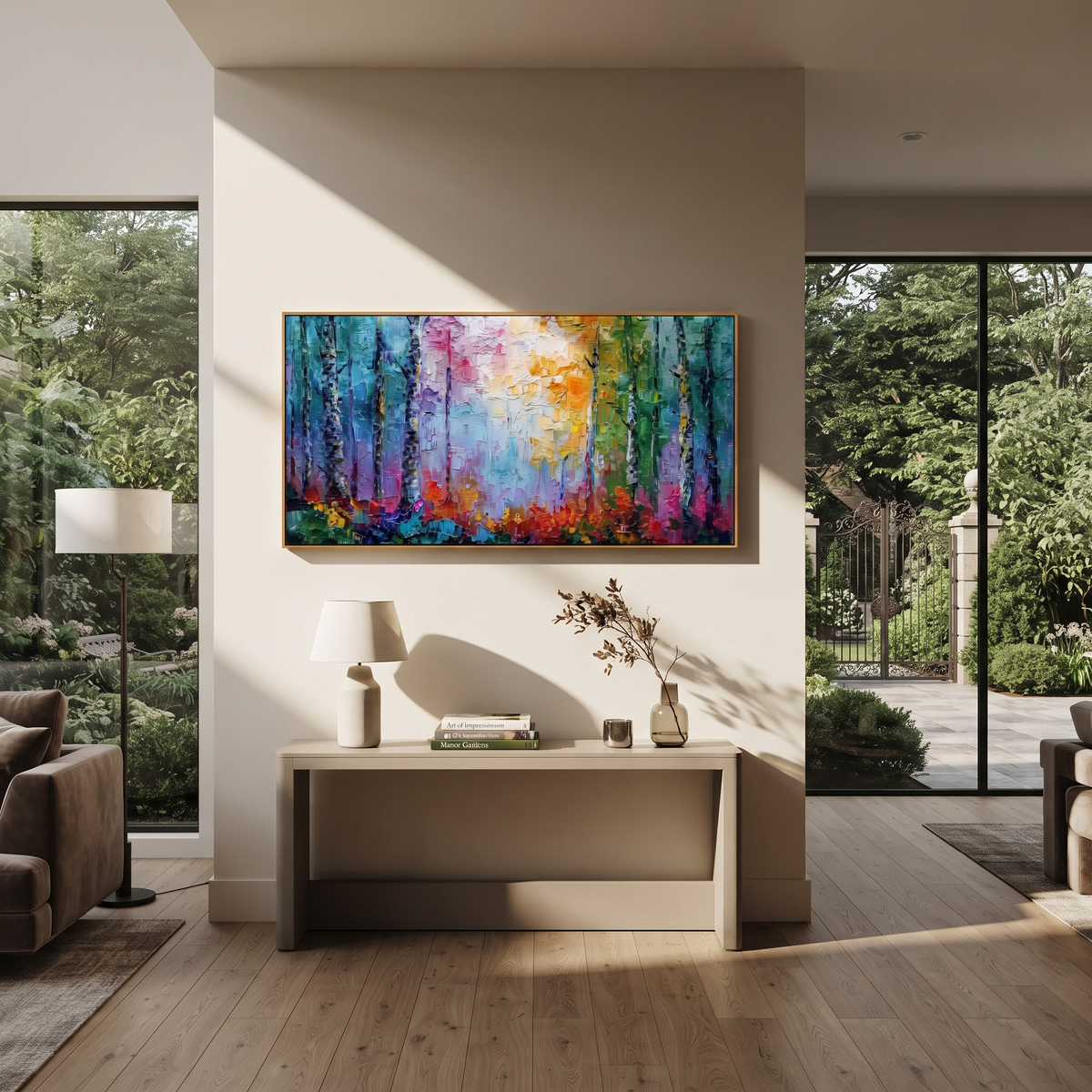 "Colorful Birch Grove Painting" focuses on atmosphere, surface movement, and sculptural heavy impasto craftsmanship rather than a fixed literal storyline. The composition uses this hand-painted panoramic canvas presents black birch trunks across blocks of teal blue, lavender pink, golden yellow, green, and red textured forest color as the visual anchor, while layered palette-knife paint, raised plaster-like texture, and softened brush movement create tactile depth across the canvas. Curated with