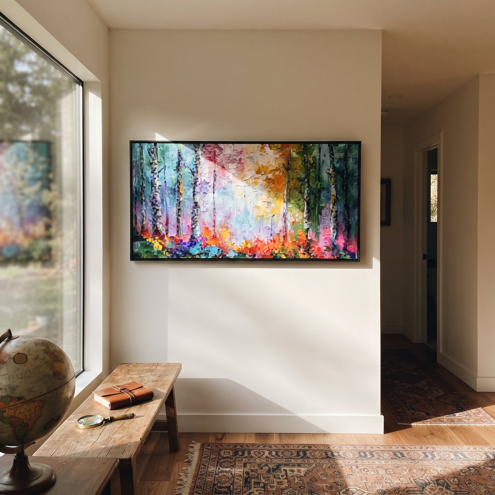 "Colorful Birch Grove Painting" focuses on atmosphere, surface movement, and sculptural heavy impasto craftsmanship rather than a fixed literal storyline. The composition uses this hand-painted panoramic canvas presents black birch trunks across blocks of teal blue, lavender pink, golden yellow, green, and red textured forest color as the visual anchor, while layered palette-knife paint, raised plaster-like texture, and softened brush movement create tactile depth across the canvas. Curated with