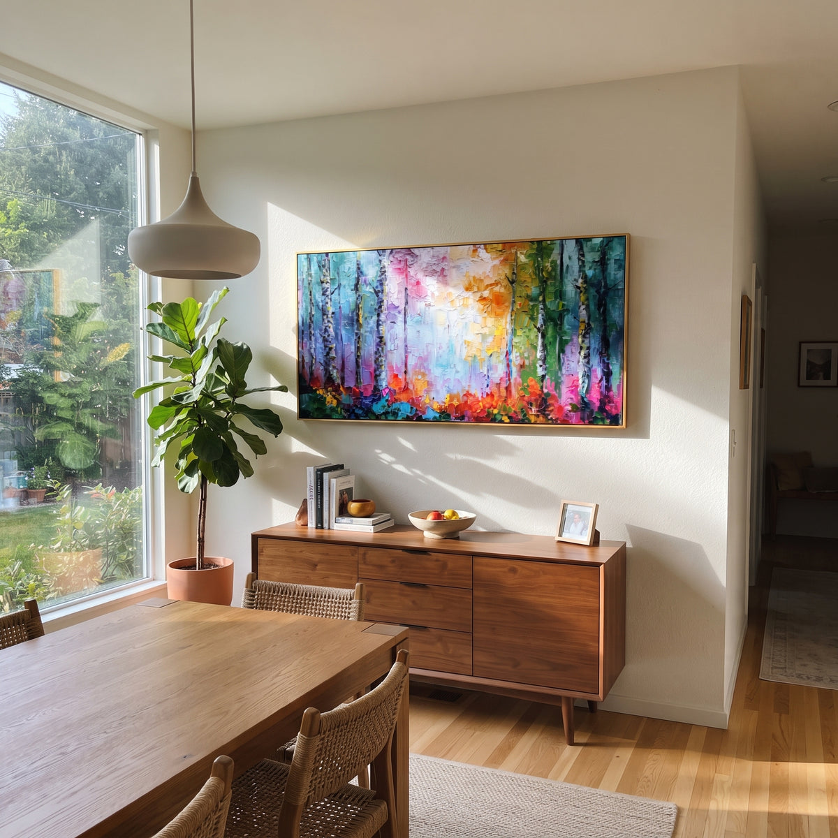 "Colorful Birch Grove Painting" focuses on atmosphere, surface movement, and sculptural heavy impasto craftsmanship rather than a fixed literal storyline. The composition uses this hand-painted panoramic canvas presents black birch trunks across blocks of teal blue, lavender pink, golden yellow, green, and red textured forest color as the visual anchor, while layered palette-knife paint, raised plaster-like texture, and softened brush movement create tactile depth across the canvas. Curated with