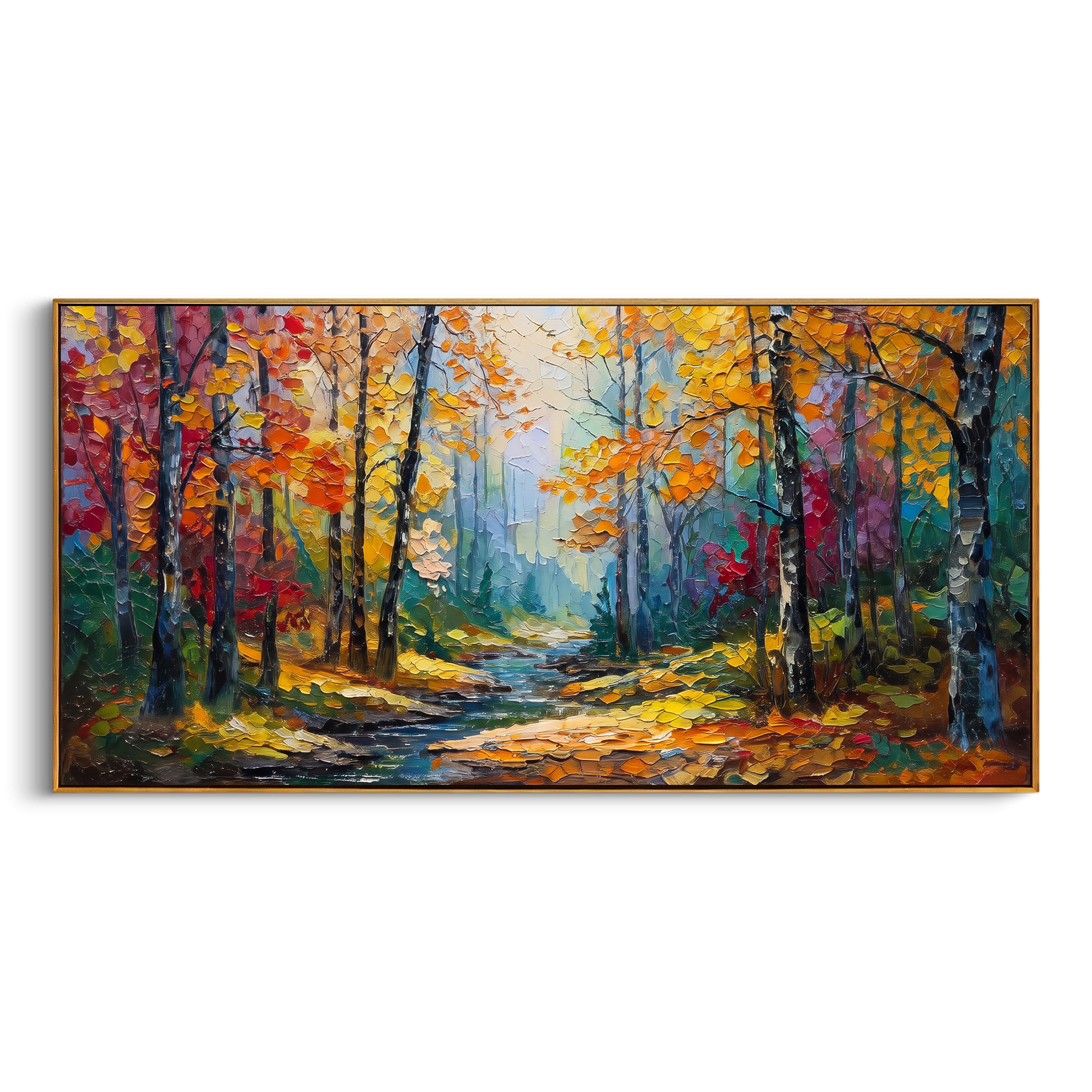 "Blue Gold Forest Path Painting" focuses on atmosphere, surface movement, and sculptural heavy impasto craftsmanship rather than a fixed literal storyline. The composition uses this hand-painted panoramic canvas presents a glowing yellow forest path surrounded by deep blue trunks, teal shadows, red orange leaves, and vivid raised paint texture as the visual anchor, while layered palette-knife paint, raised plaster-like texture, and softened brush movement create tactile depth across the canvas.