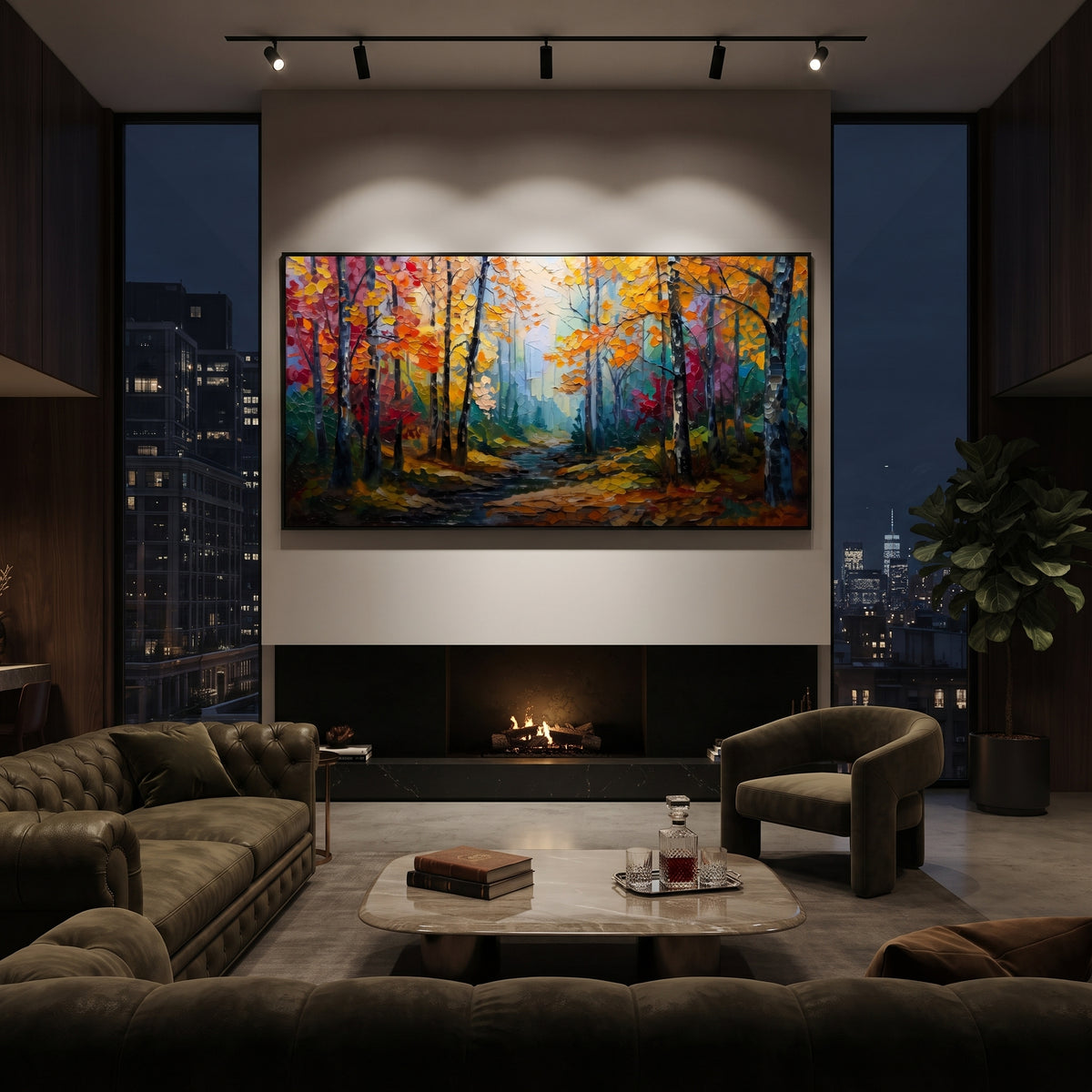 "Blue Gold Forest Path Painting" focuses on atmosphere, surface movement, and sculptural heavy impasto craftsmanship rather than a fixed literal storyline. The composition uses this hand-painted panoramic canvas presents a glowing yellow forest path surrounded by deep blue trunks, teal shadows, red orange leaves, and vivid raised paint texture as the visual anchor, while layered palette-knife paint, raised plaster-like texture, and softened brush movement create tactile depth across the canvas.
