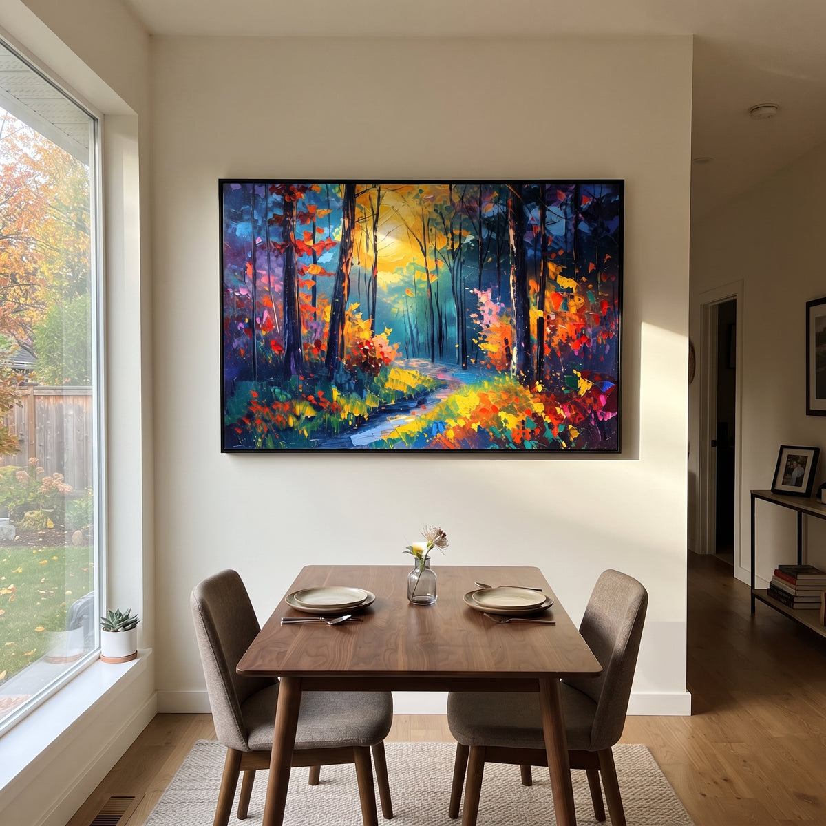 "Orange Autumn Woodland Painting" focuses on atmosphere, surface movement, and sculptural heavy impasto craftsmanship rather than a fixed literal storyline. The composition uses this hand-painted horizontal canvas presents an orange and golden autumn woodland with black trunks, turquoise green shadows, red side foliage, and a soft path through the center as the visual anchor, while layered palette-knife paint, raised plaster-like texture, and softened brush movement create tactile depth across