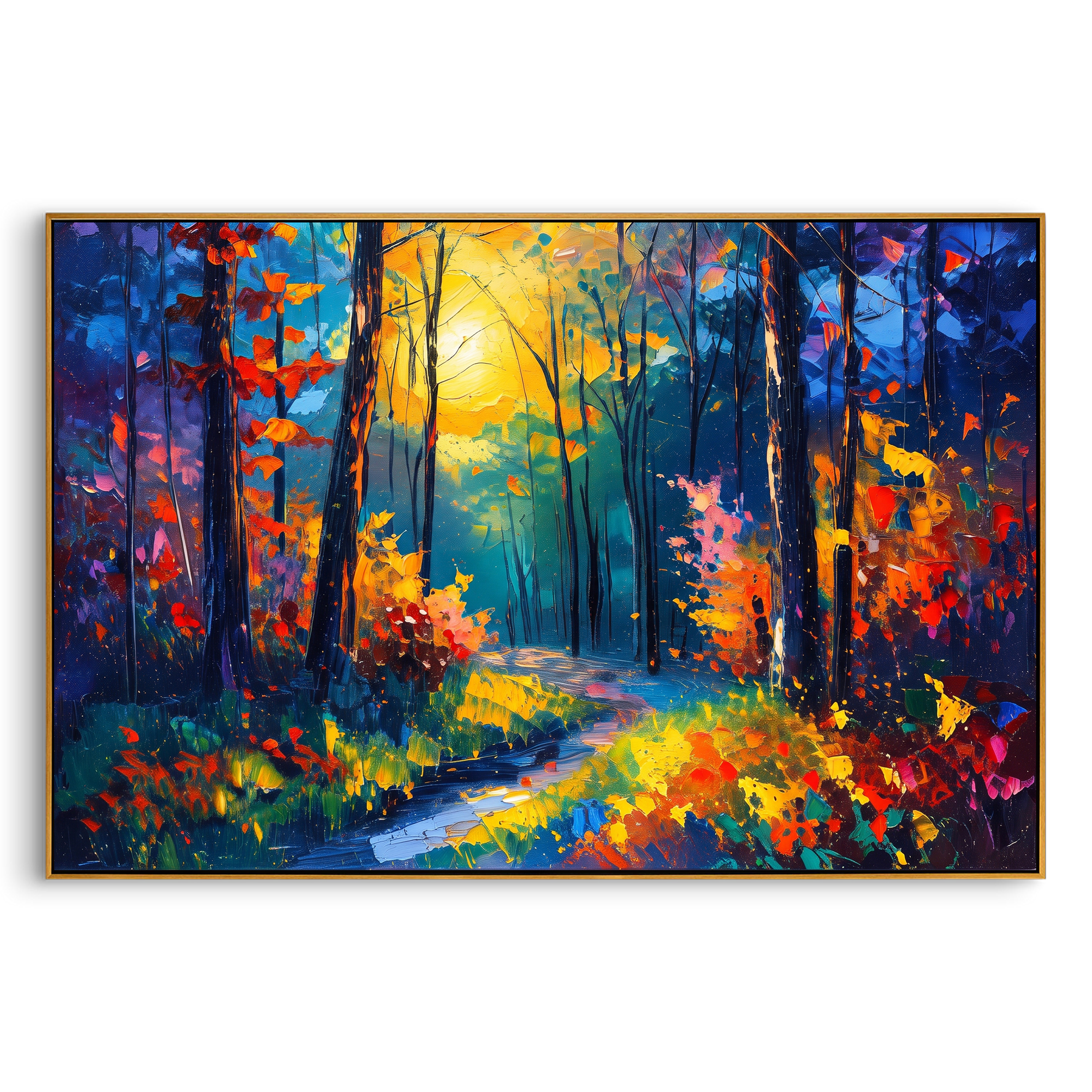 "Orange Autumn Woodland Painting" focuses on atmosphere, surface movement, and sculptural heavy impasto craftsmanship rather than a fixed literal storyline. The composition uses this hand-painted horizontal canvas presents an orange and golden autumn woodland with black trunks, turquoise green shadows, red side foliage, and a soft path through the center as the visual anchor, while layered palette-knife paint, raised plaster-like texture, and softened brush movement create tactile depth across