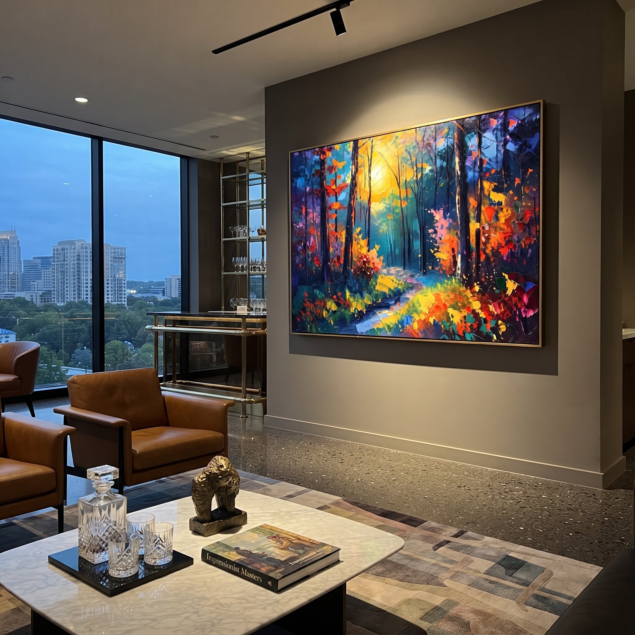 "Orange Autumn Woodland Painting" focuses on atmosphere, surface movement, and sculptural heavy impasto craftsmanship rather than a fixed literal storyline. The composition uses this hand-painted horizontal canvas presents an orange and golden autumn woodland with black trunks, turquoise green shadows, red side foliage, and a soft path through the center as the visual anchor, while layered palette-knife paint, raised plaster-like texture, and softened brush movement create tactile depth across