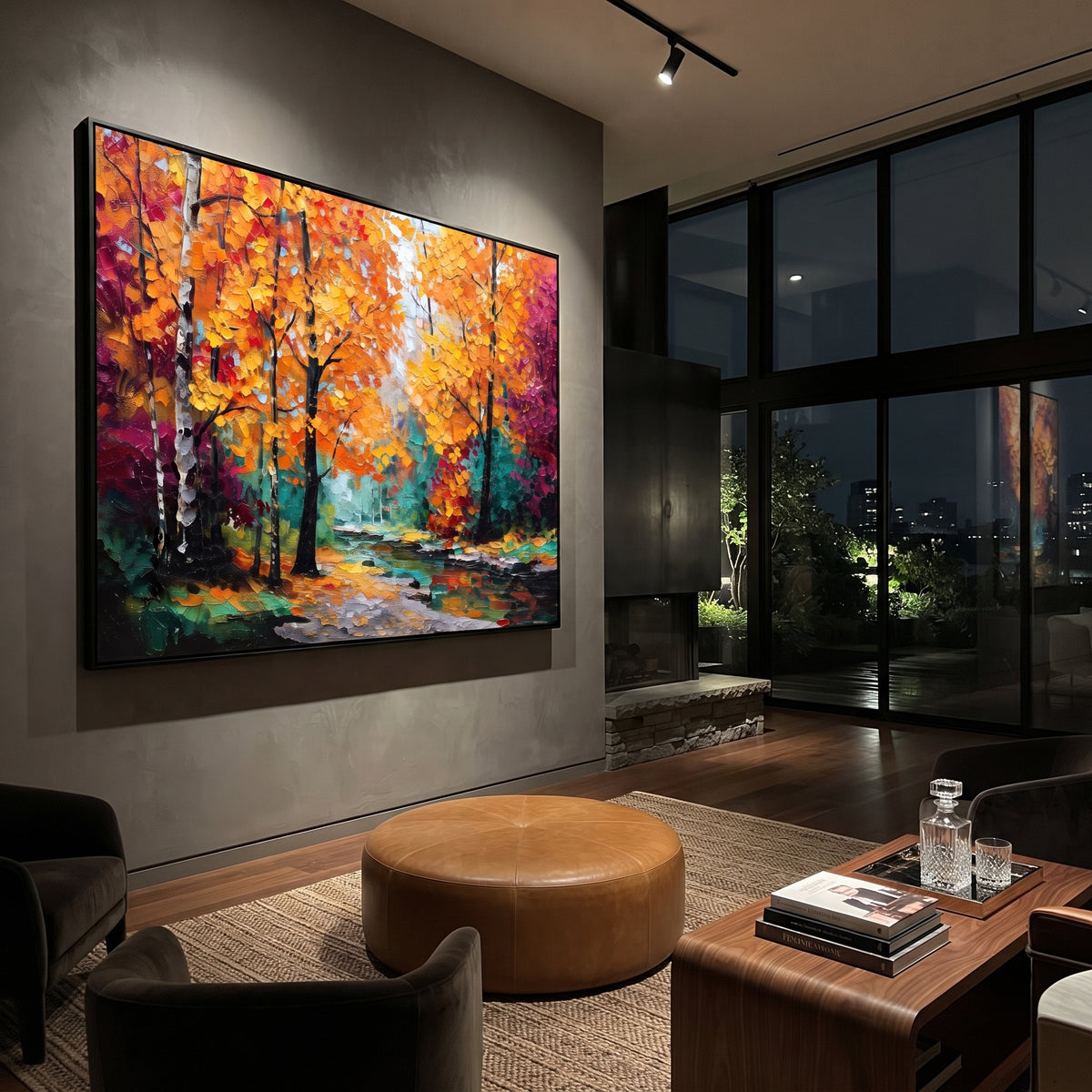 "Golden Orange Forest Painting" focuses on atmosphere, surface movement, and sculptural heavy impasto craftsmanship rather than a fixed literal storyline. The composition uses this hand-painted horizontal canvas presents dense golden orange autumn leaves, black tree silhouettes, teal green undergrowth, and a pale misty path rendered with raised impasto texture as the visual anchor, while layered palette-knife paint, raised plaster-like texture, and softened brush movement create tactile depth