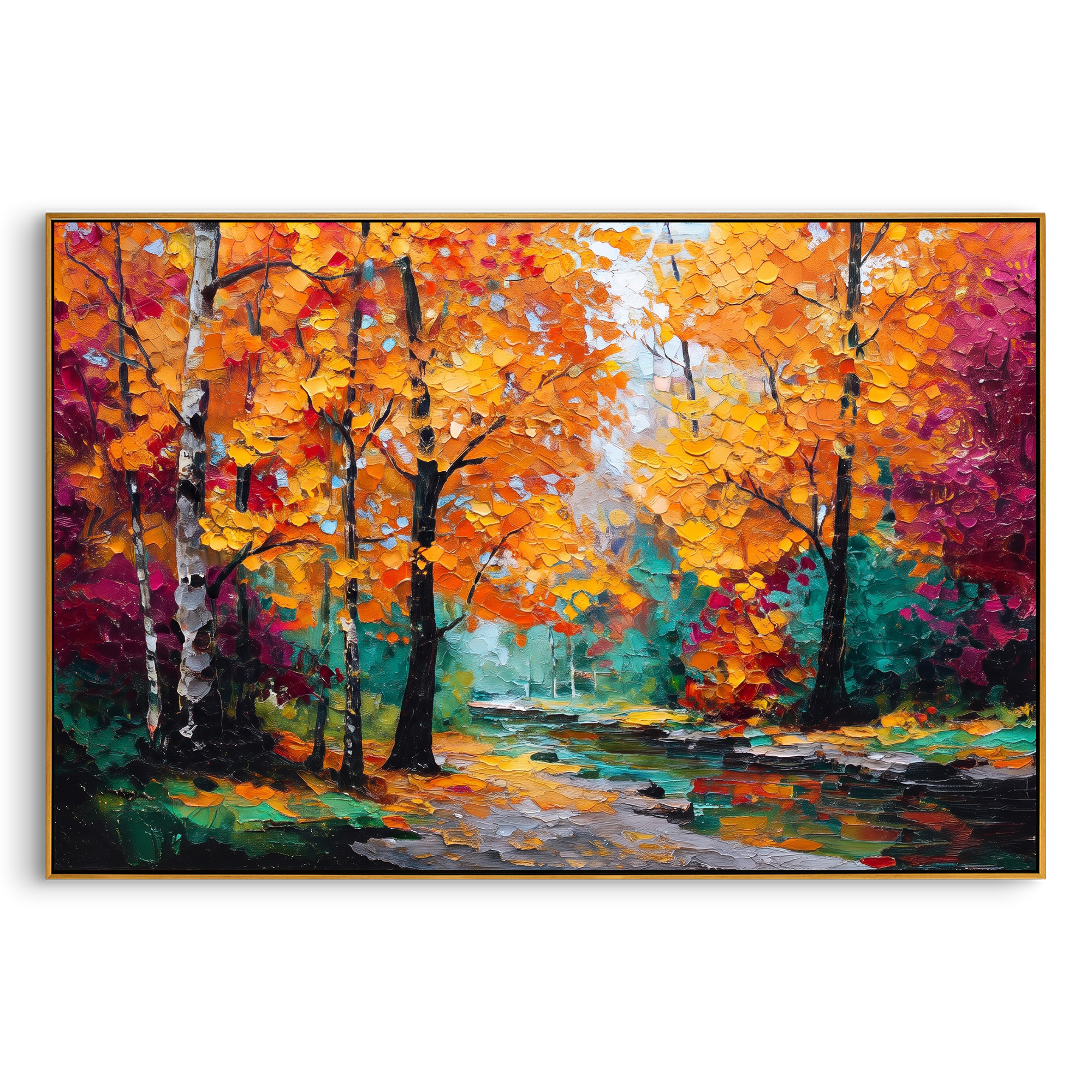 "Golden Orange Forest Painting" focuses on atmosphere, surface movement, and sculptural heavy impasto craftsmanship rather than a fixed literal storyline. The composition uses this hand-painted horizontal canvas presents dense golden orange autumn leaves, black tree silhouettes, teal green undergrowth, and a pale misty path rendered with raised impasto texture as the visual anchor, while layered palette-knife paint, raised plaster-like texture, and softened brush movement create tactile depth