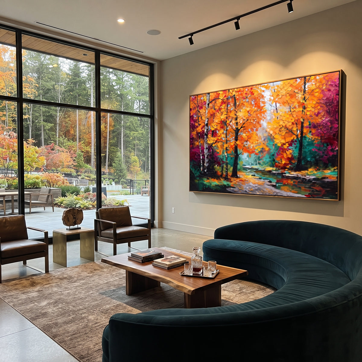 "Golden Orange Forest Painting" focuses on atmosphere, surface movement, and sculptural heavy impasto craftsmanship rather than a fixed literal storyline. The composition uses this hand-painted horizontal canvas presents dense golden orange autumn leaves, black tree silhouettes, teal green undergrowth, and a pale misty path rendered with raised impasto texture as the visual anchor, while layered palette-knife paint, raised plaster-like texture, and softened brush movement create tactile depth