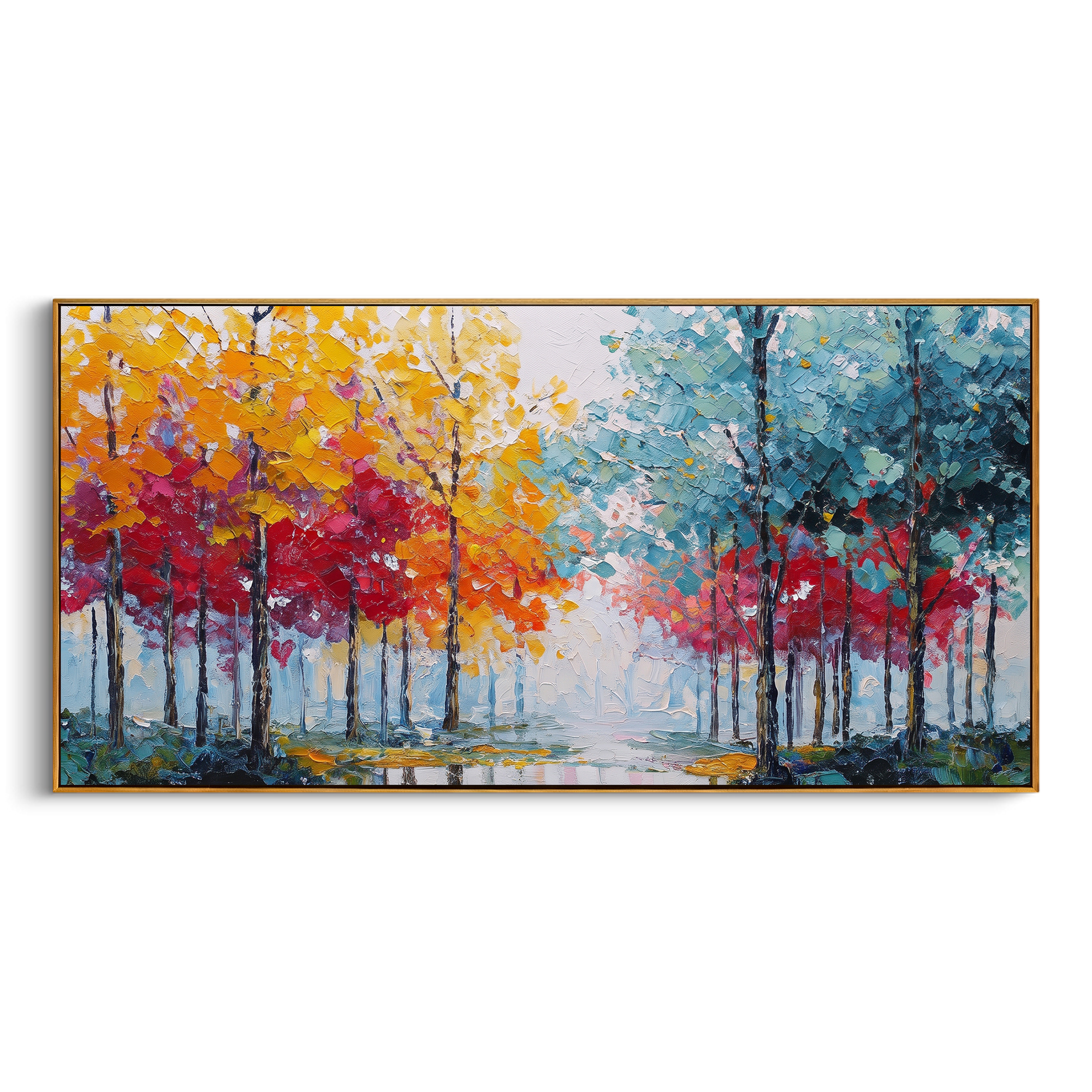 "Rainbow Tree Line Painting" focuses on atmosphere, surface movement, and sculptural heavy impasto craftsmanship rather than a fixed literal storyline. The composition uses this hand-painted panoramic canvas presents a panoramic row of slender trees with yellow orange and red foliage on the left, cool teal blue trees on the right, and a pale misty opening in the center as the visual anchor, while layered palette-knife paint, raised plaster-like texture, and softened brush movement create tactile