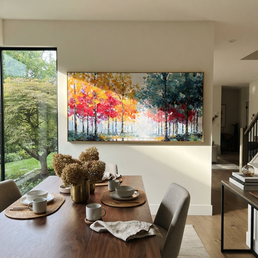 "Rainbow Tree Line Painting" focuses on atmosphere, surface movement, and sculptural heavy impasto craftsmanship rather than a fixed literal storyline. The composition uses this hand-painted panoramic canvas presents a panoramic row of slender trees with yellow orange and red foliage on the left, cool teal blue trees on the right, and a pale misty opening in the center as the visual anchor, while layered palette-knife paint, raised plaster-like texture, and softened brush movement create tactile