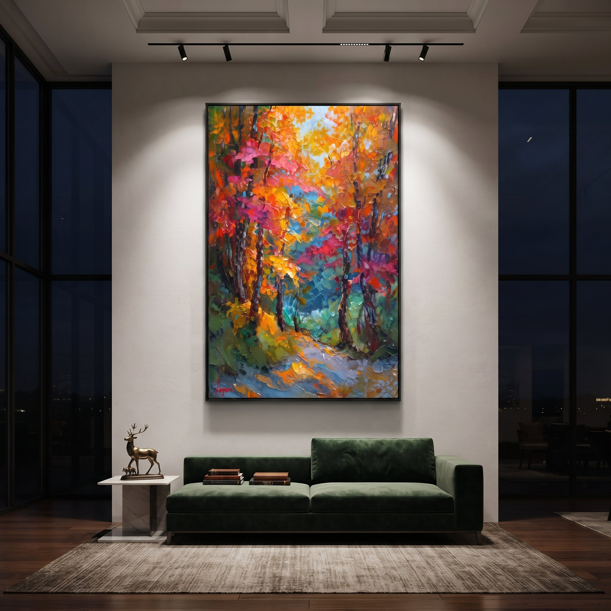 "Colorful Autumn Trail Painting" focuses on atmosphere, surface movement, and sculptural heavy impasto craftsmanship rather than a fixed literal storyline. The composition uses this hand-painted vertical canvas presents a vertical forest trail filled with orange, pink, teal, and green foliage, dark tree trunks, and energetic raised palette-knife texture as the visual anchor, while layered palette-knife paint, raised plaster-like texture, and softened brush movement create tactile depth across