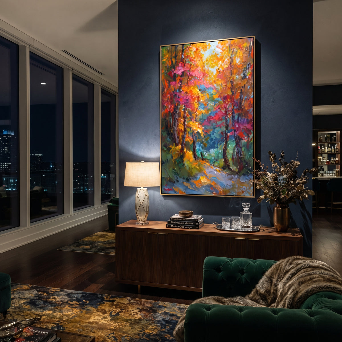 "Colorful Autumn Trail Painting" focuses on atmosphere, surface movement, and sculptural heavy impasto craftsmanship rather than a fixed literal storyline. The composition uses this hand-painted vertical canvas presents a vertical forest trail filled with orange, pink, teal, and green foliage, dark tree trunks, and energetic raised palette-knife texture as the visual anchor, while layered palette-knife paint, raised plaster-like texture, and softened brush movement create tactile depth across