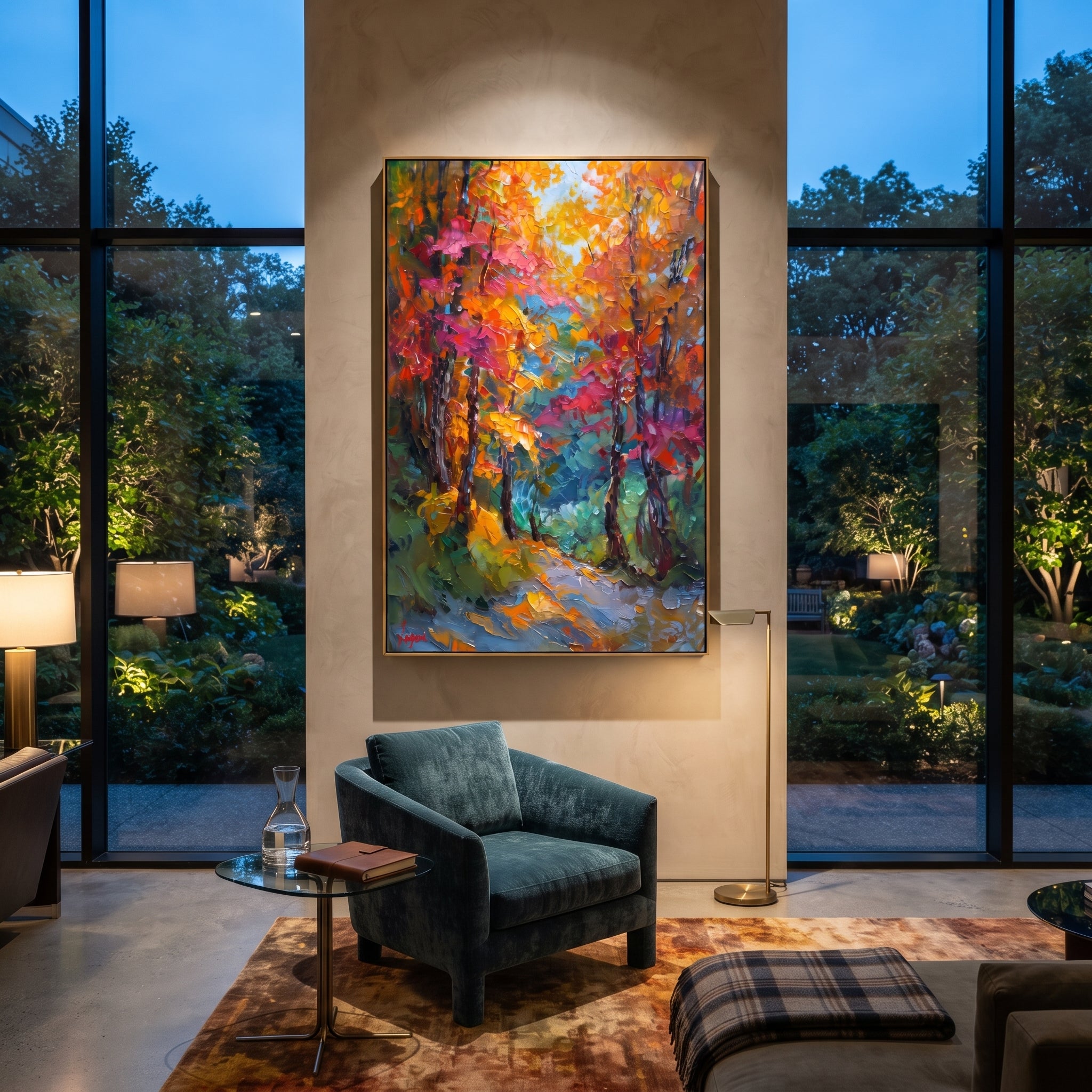 "Colorful Autumn Trail Painting" focuses on atmosphere, surface movement, and sculptural heavy impasto craftsmanship rather than a fixed literal storyline. The composition uses this hand-painted vertical canvas presents a vertical forest trail filled with orange, pink, teal, and green foliage, dark tree trunks, and energetic raised palette-knife texture as the visual anchor, while layered palette-knife paint, raised plaster-like texture, and softened brush movement create tactile depth across
