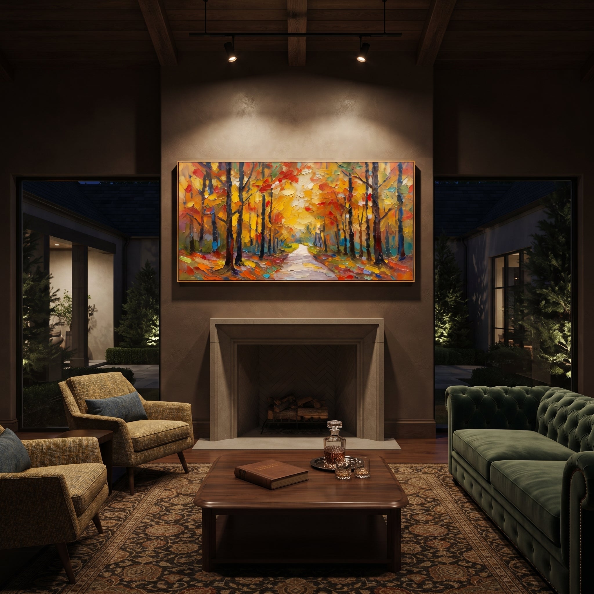 "Golden Autumn Path Painting" focuses on atmosphere, surface movement, and sculptural heavy impasto craftsmanship rather than a fixed literal storyline. The composition uses this hand-painted panoramic canvas presents a warm panoramic woodland path beneath glowing yellow leaves, dark trunks, red accents, and layered impasto brushwork as the visual anchor, while layered palette-knife paint, raised plaster-like texture, and softened brush movement create tactile depth across the canvas. Curated