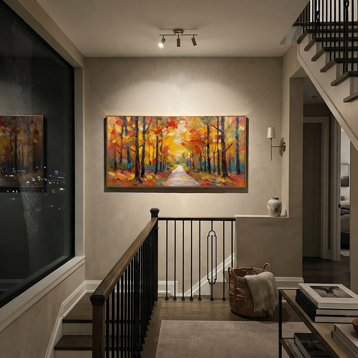 "Golden Autumn Path Painting" focuses on atmosphere, surface movement, and sculptural heavy impasto craftsmanship rather than a fixed literal storyline. The composition uses this hand-painted panoramic canvas presents a warm panoramic woodland path beneath glowing yellow leaves, dark trunks, red accents, and layered impasto brushwork as the visual anchor, while layered palette-knife paint, raised plaster-like texture, and softened brush movement create tactile depth across the canvas. Curated