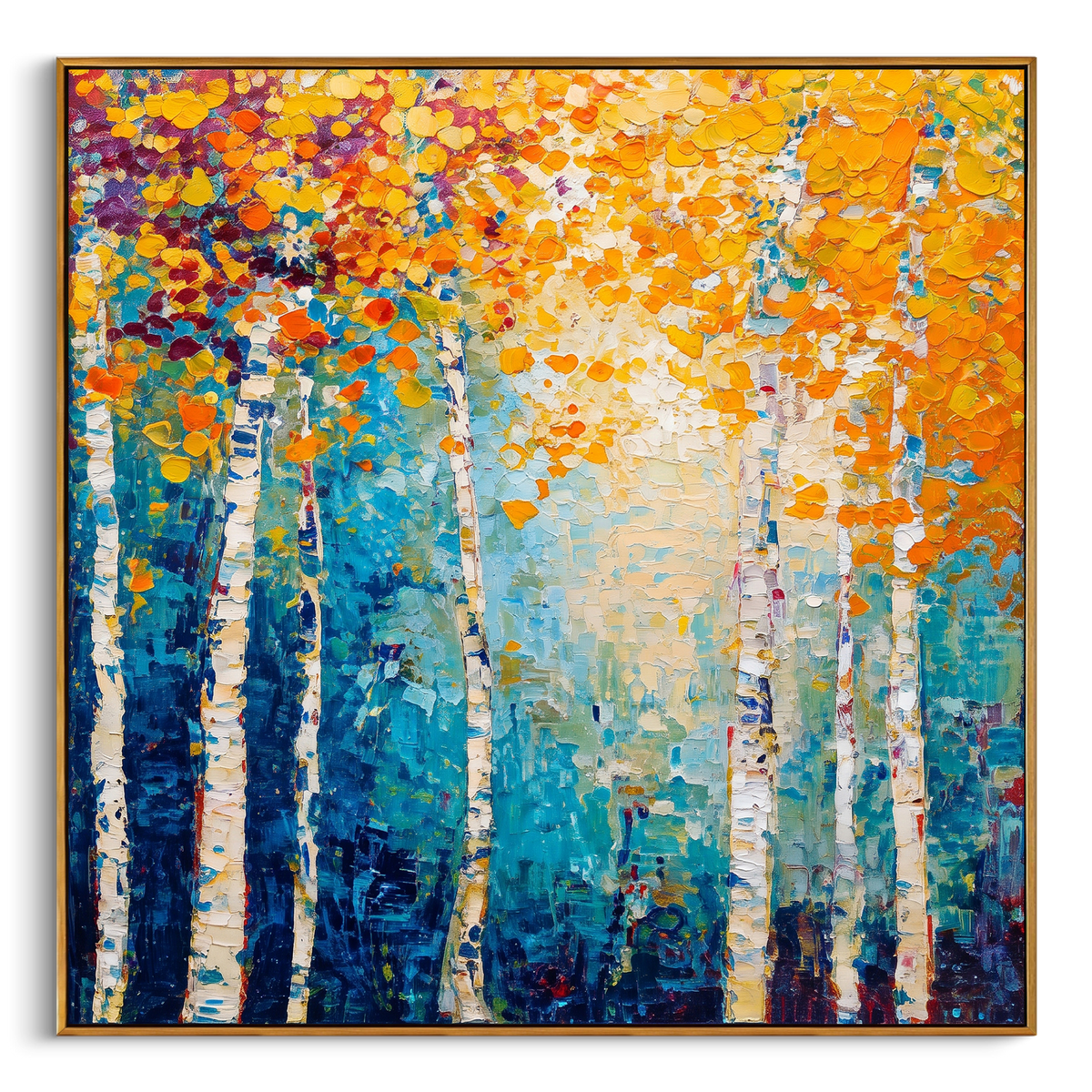 "Blue Gold Birch Painting" focuses on atmosphere, surface movement, and sculptural heavy impasto craftsmanship rather than a fixed literal storyline. The composition uses this hand-painted square canvas presents a square birch forest with white trunks, deep blue teal shadows, bright golden orange leaves, and thick textured paint relief as the visual anchor, while layered palette-knife paint, raised plaster-like texture, and softened brush movement create tactile depth across the canvas. Curated