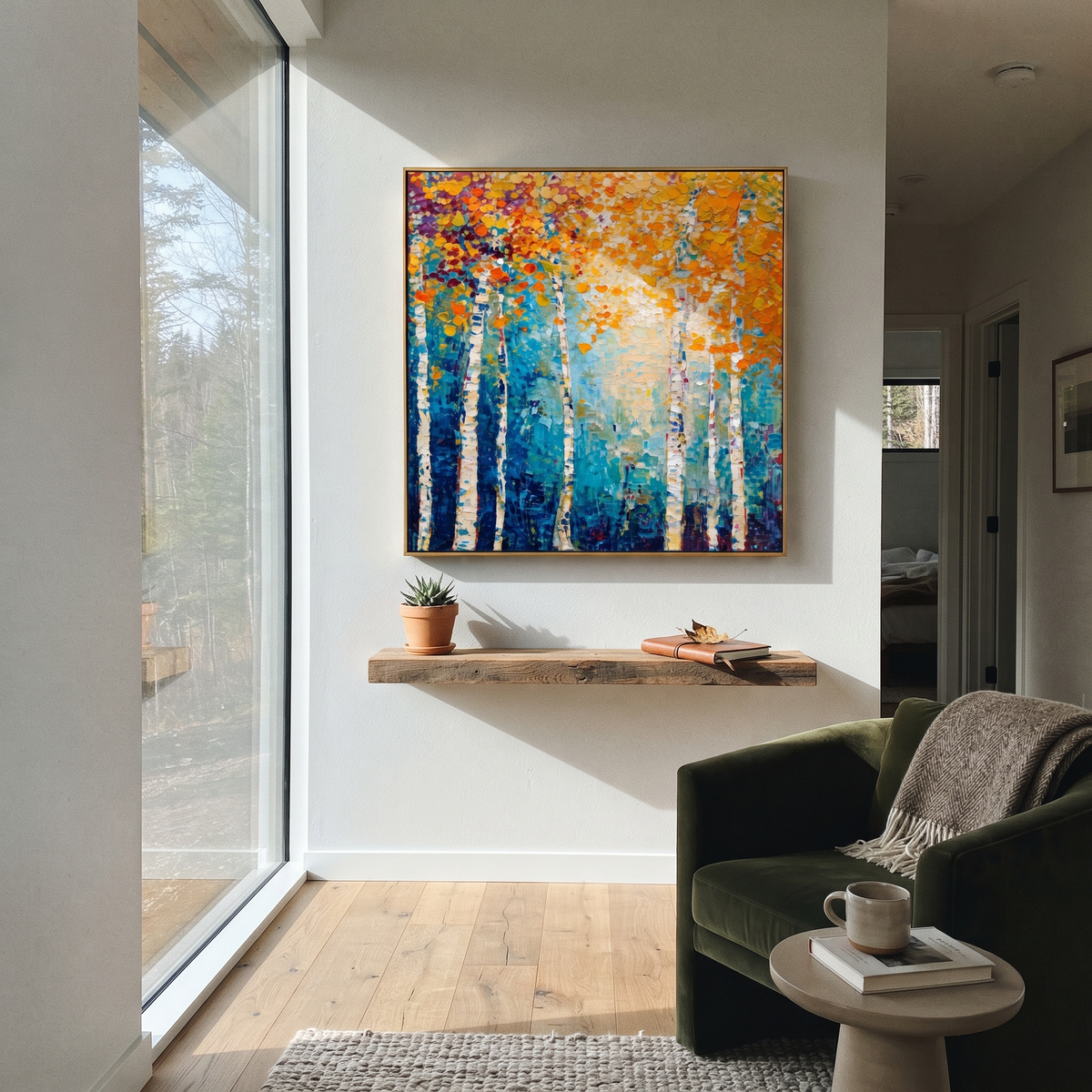 "Blue Gold Birch Painting" focuses on atmosphere, surface movement, and sculptural heavy impasto craftsmanship rather than a fixed literal storyline. The composition uses this hand-painted square canvas presents a square birch forest with white trunks, deep blue teal shadows, bright golden orange leaves, and thick textured paint relief as the visual anchor, while layered palette-knife paint, raised plaster-like texture, and softened brush movement create tactile depth across the canvas. Curated