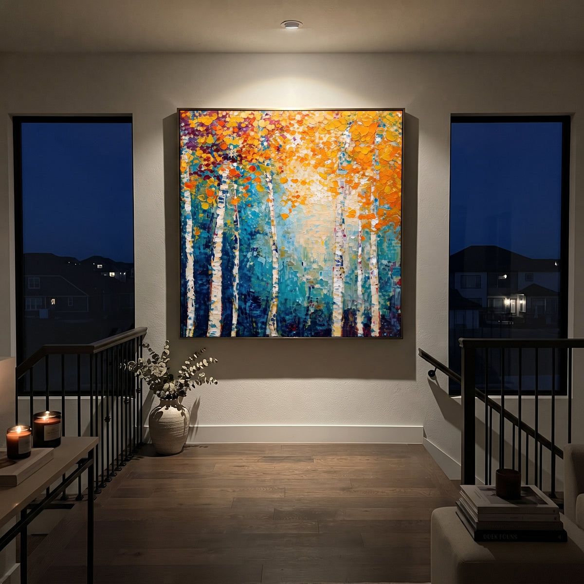 "Blue Gold Birch Painting" focuses on atmosphere, surface movement, and sculptural heavy impasto craftsmanship rather than a fixed literal storyline. The composition uses this hand-painted square canvas presents a square birch forest with white trunks, deep blue teal shadows, bright golden orange leaves, and thick textured paint relief as the visual anchor, while layered palette-knife paint, raised plaster-like texture, and softened brush movement create tactile depth across the canvas. Curated