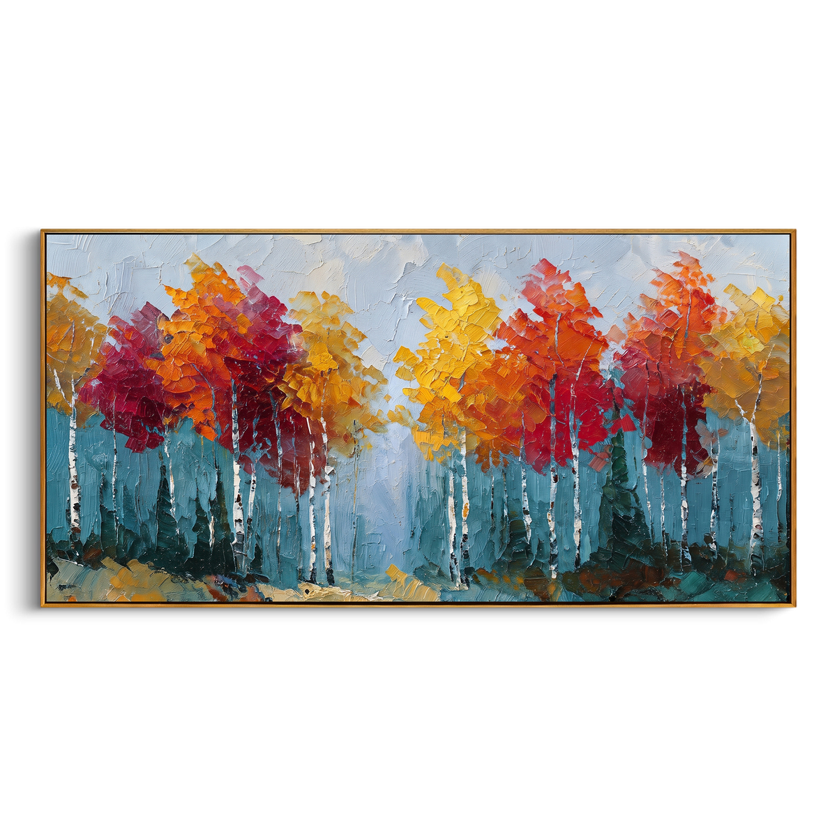 "Red Gold Birch Forest Painting" focuses on atmosphere, surface movement, and sculptural heavy impasto craftsmanship rather than a fixed literal storyline. The composition uses this hand-painted panoramic canvas presents a panoramic birch forest with white trunks, red and golden yellow treetops, cool blue grey sky, and raised palette-knife texture as the visual anchor, while layered palette-knife paint, raised plaster-like texture, and softened brush movement create tactile depth across the