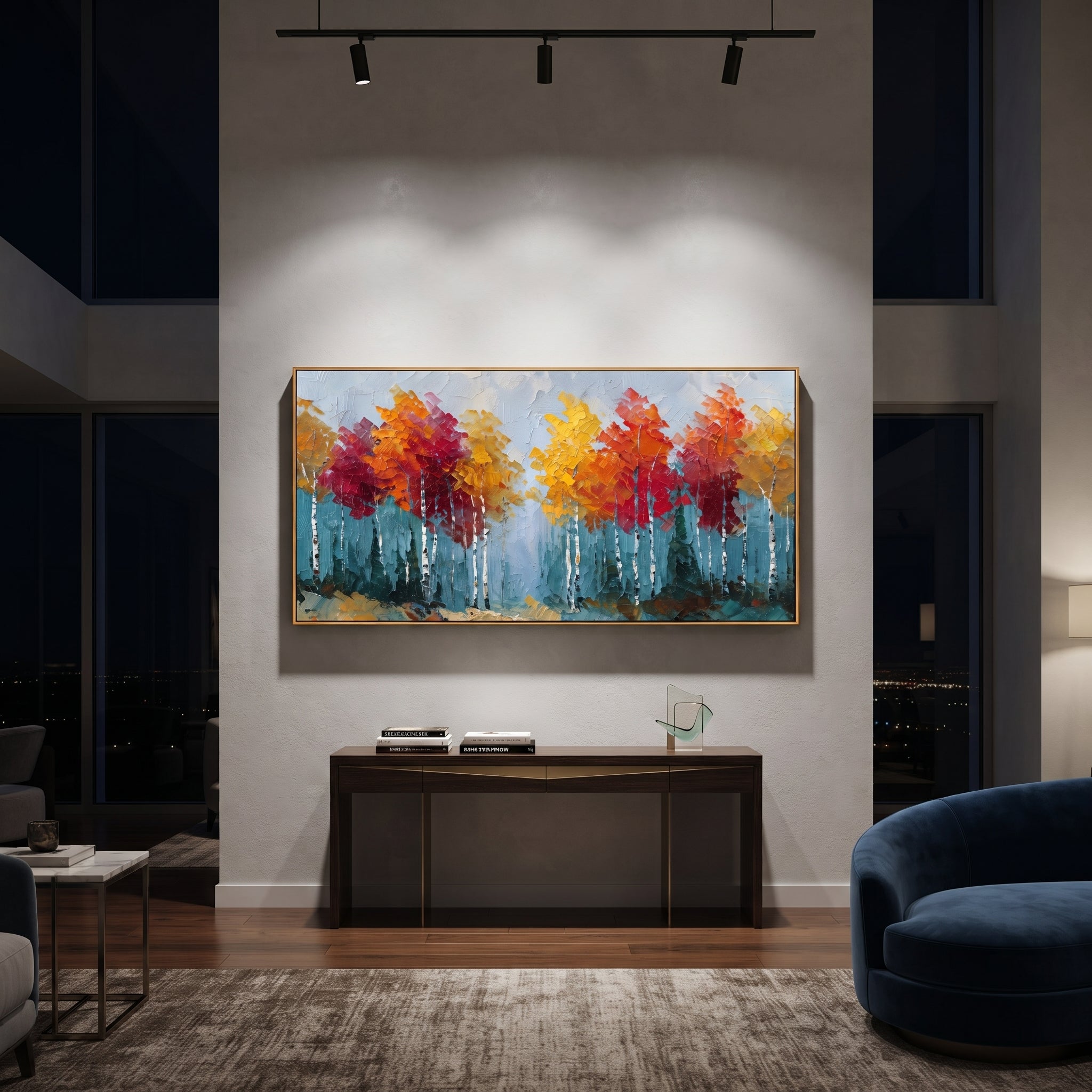 "Red Gold Birch Forest Painting" focuses on atmosphere, surface movement, and sculptural heavy impasto craftsmanship rather than a fixed literal storyline. The composition uses this hand-painted panoramic canvas presents a panoramic birch forest with white trunks, red and golden yellow treetops, cool blue grey sky, and raised palette-knife texture as the visual anchor, while layered palette-knife paint, raised plaster-like texture, and softened brush movement create tactile depth across the