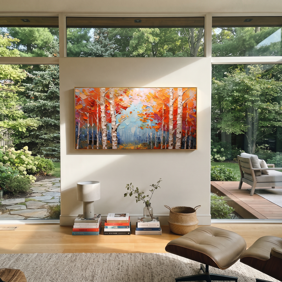 "Orange Birch Forest Painting" focuses on atmosphere, surface movement, and sculptural heavy impasto craftsmanship rather than a fixed literal storyline. The composition uses this hand-painted panoramic canvas presents white birch trunks set against vivid orange and red autumn leaves, with pale blue mist through the center and heavy textured paint as the visual anchor, while layered palette-knife paint, raised plaster-like texture, and softened brush movement create tactile depth across the