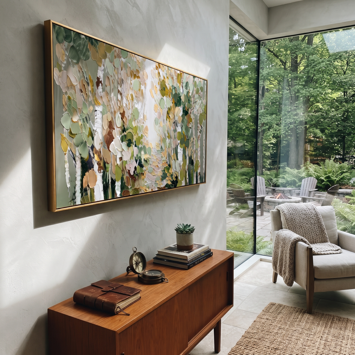 "Soft Sage Birch Path Painting" focuses on atmosphere, surface movement, and sculptural heavy impasto craftsmanship rather than a fixed literal storyline. The composition uses this hand-painted panoramic canvas presents a quiet birch woodland path in sage green, cream, beige, and olive leaves, with thick rounded palette-knife marks as the visual anchor, while layered palette-knife paint, raised plaster-like texture, and softened brush movement create tactile depth across the canvas. Curated with