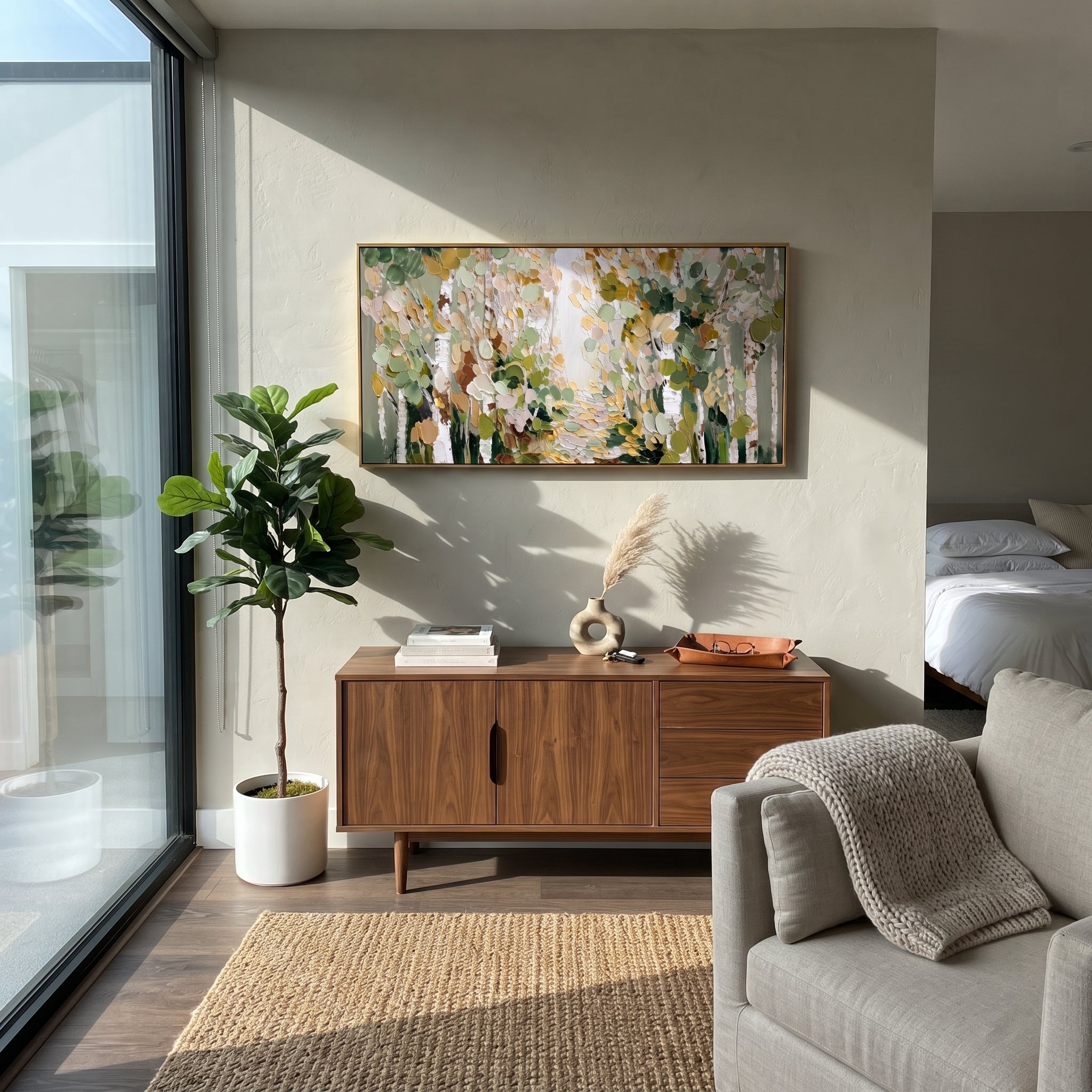 "Soft Sage Birch Path Painting" focuses on atmosphere, surface movement, and sculptural heavy impasto craftsmanship rather than a fixed literal storyline. The composition uses this hand-painted panoramic canvas presents a quiet birch woodland path in sage green, cream, beige, and olive leaves, with thick rounded palette-knife marks as the visual anchor, while layered palette-knife paint, raised plaster-like texture, and softened brush movement create tactile depth across the canvas. Curated with